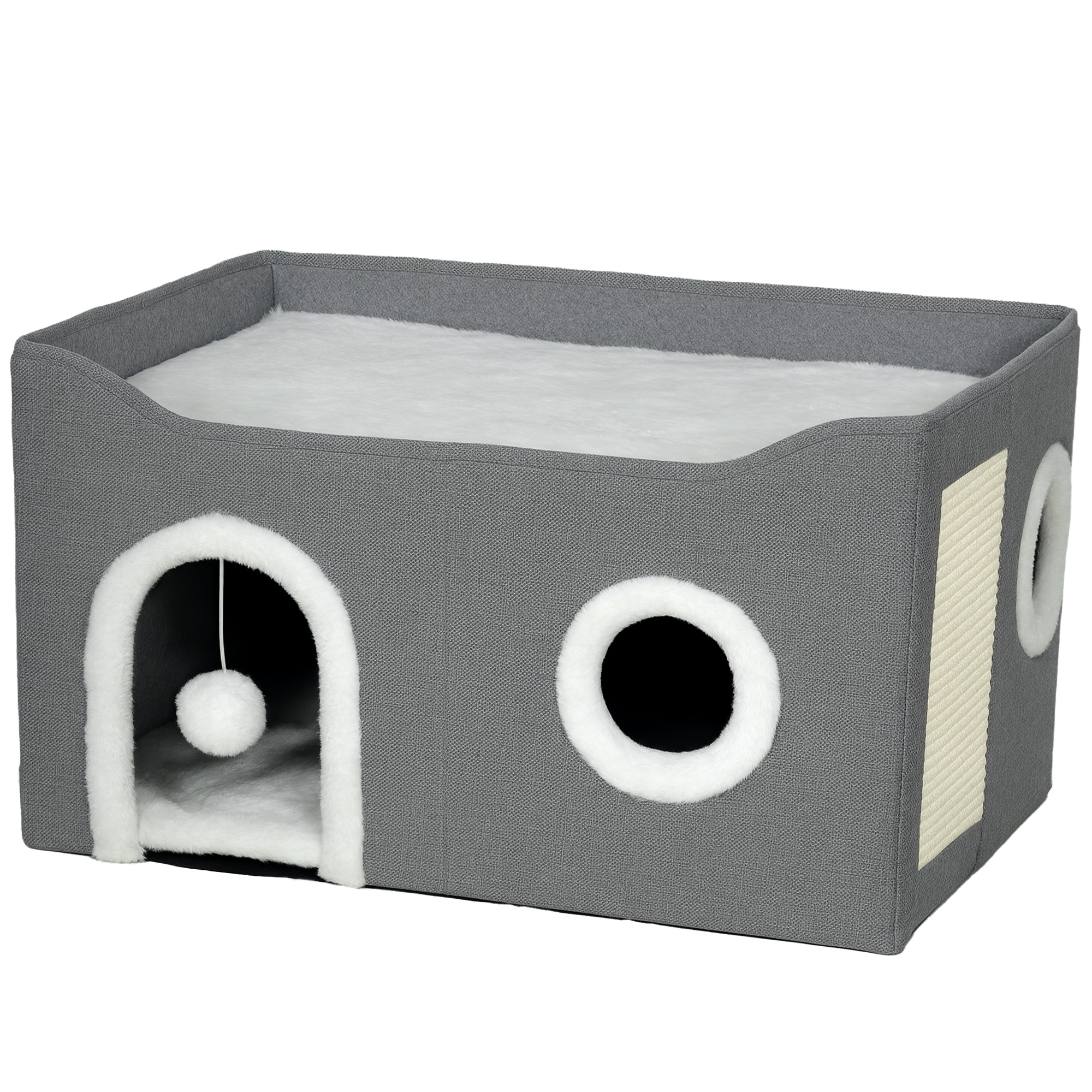 YALRIC Cat Bed Wooden Foldable with Fluffy Ball and Scratch Pad - Grey