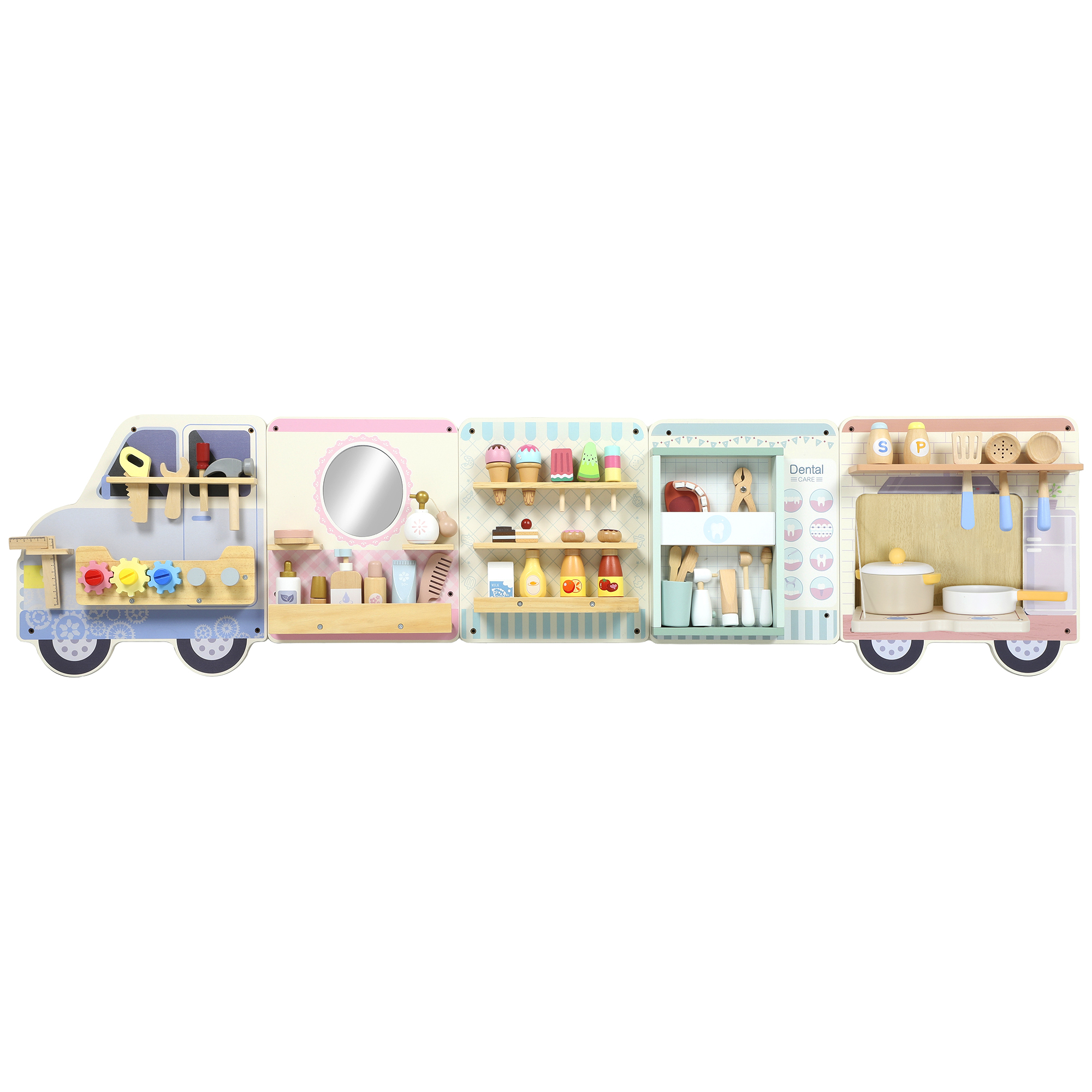 VELSCOTTOR Wooden Play Kitchen 5 in 1 Activity Wall Panels for Kids - Multicolour