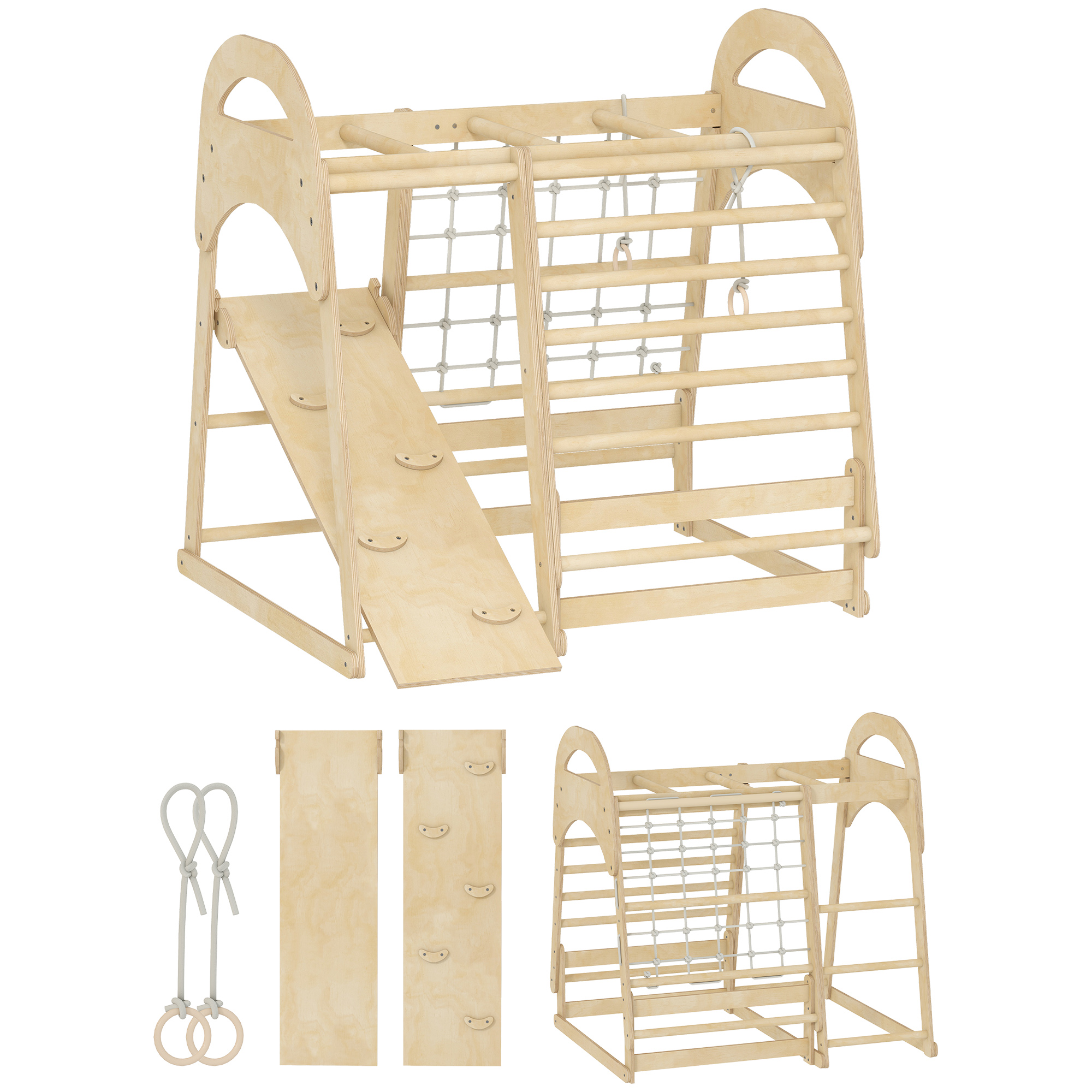 ARVYSTEN 6 in 1 Kids Climbing Frame with Slide, Monkey Bars, Gymnastics Rings, Ladder and Climbing Net for 3-6 Years - Light Wood