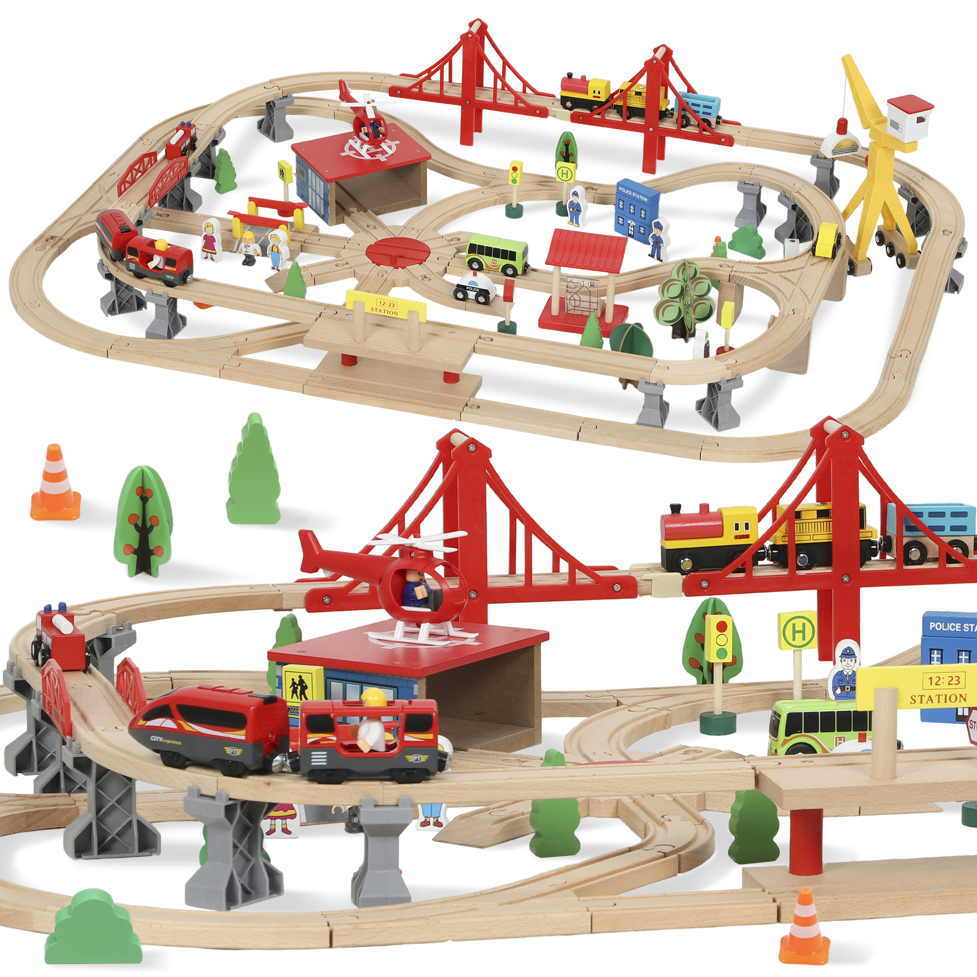 ARYSTELL 133-Piece Wooden Train Set with Crane for Kids and storage Box - Multicolour