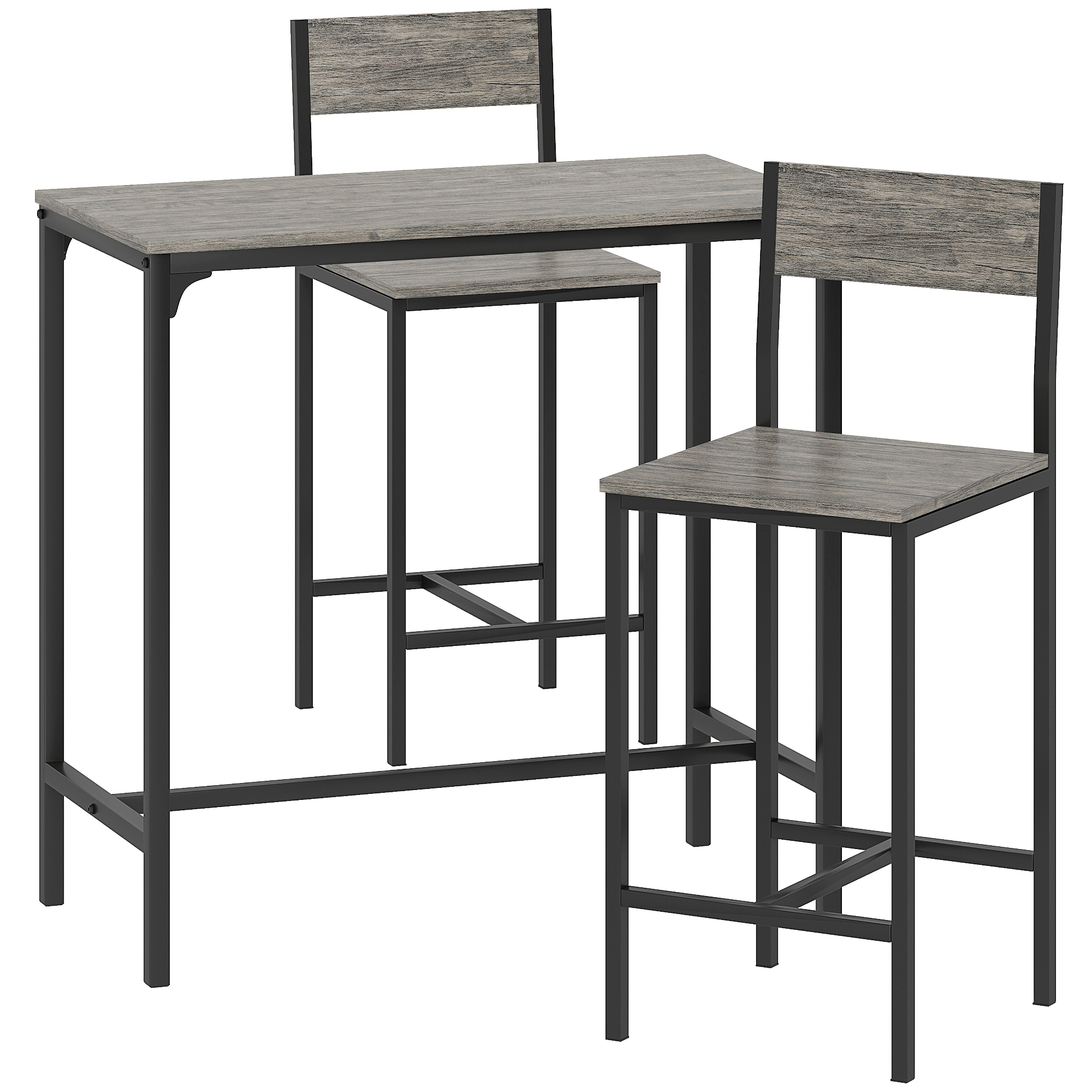 VORNELL Rectangular 3 Piece Bar Table with 2 Stools, Footrest and Backrest - Grey