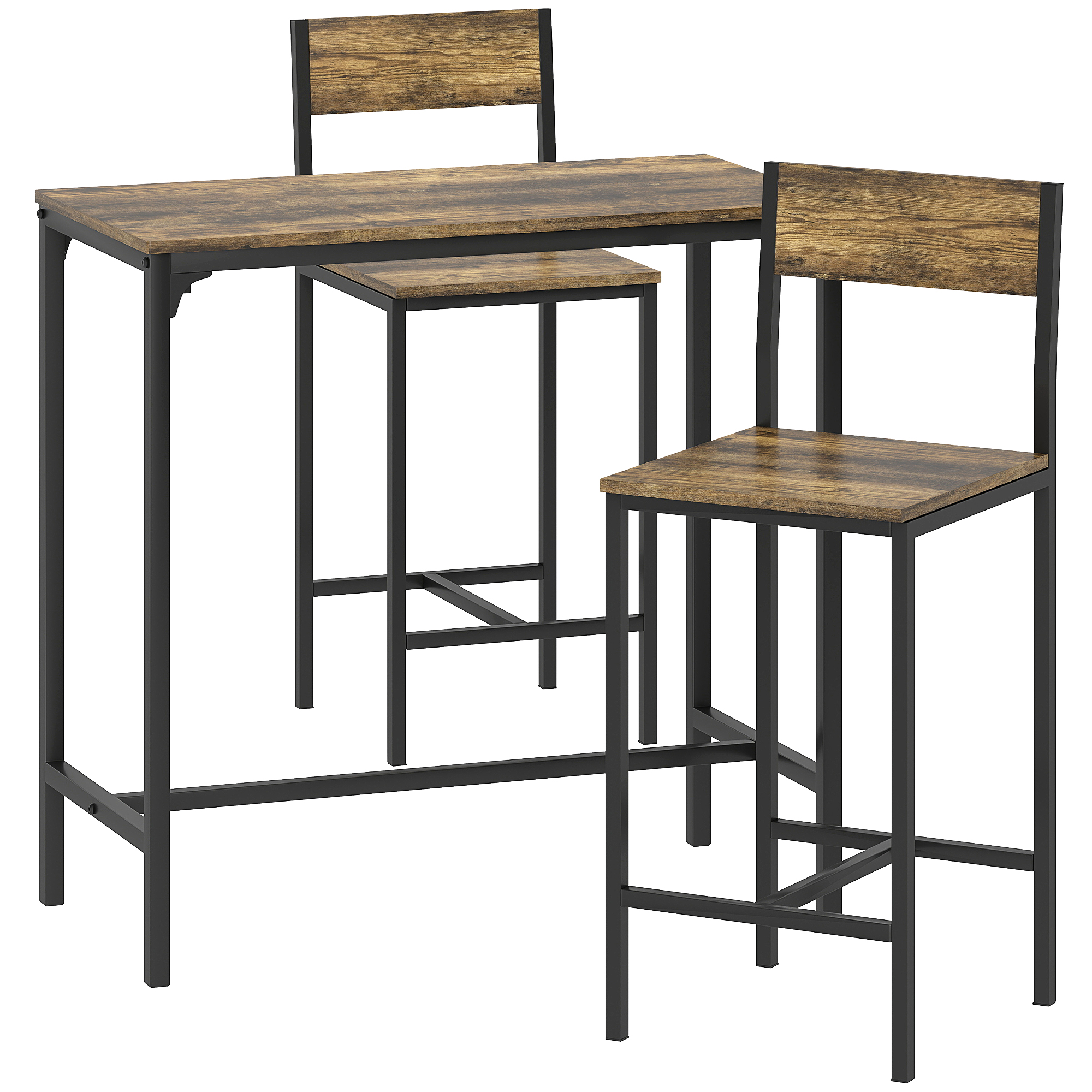 VORNELL Rectangular 3 Piece Bar Table with 2 Stools, Footrest and Backrest - Brown