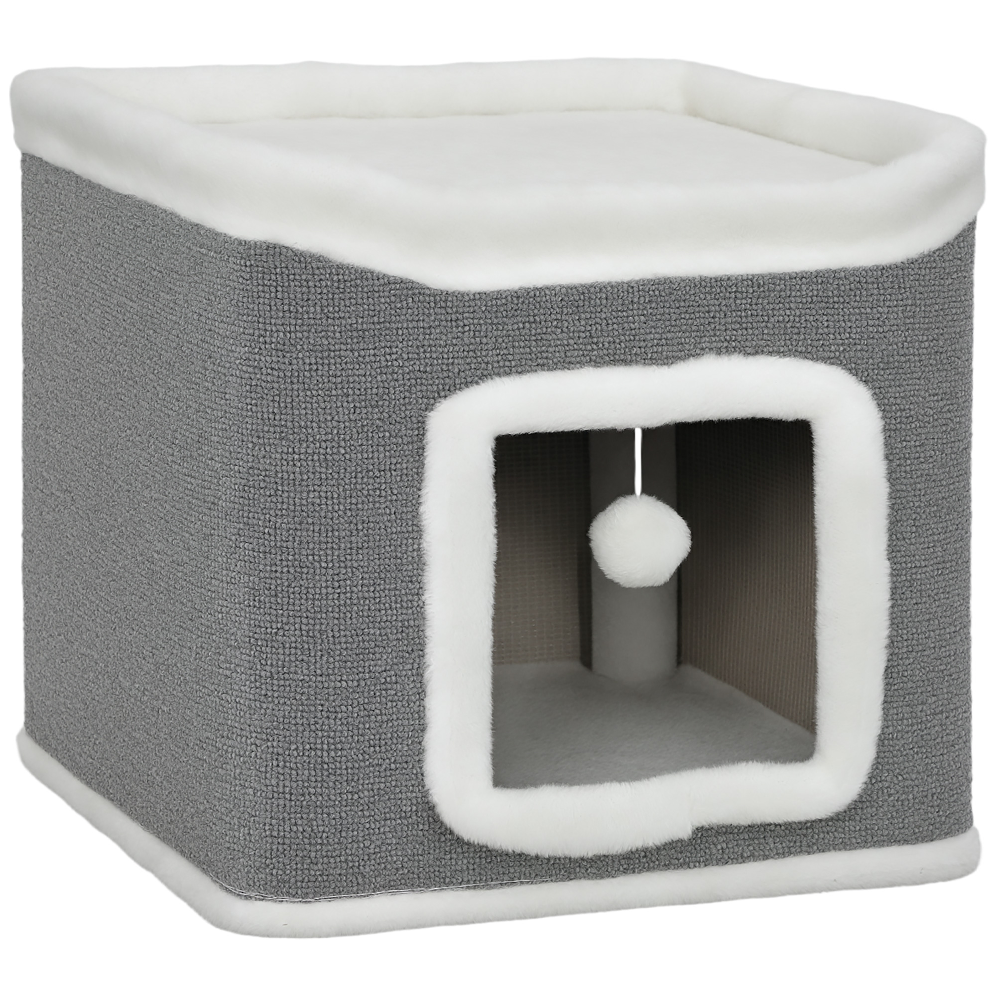 AESMARIS Cat House for Indoor Kittens 2-Level Cat Cave Bed with Fluffy Balls - Grey