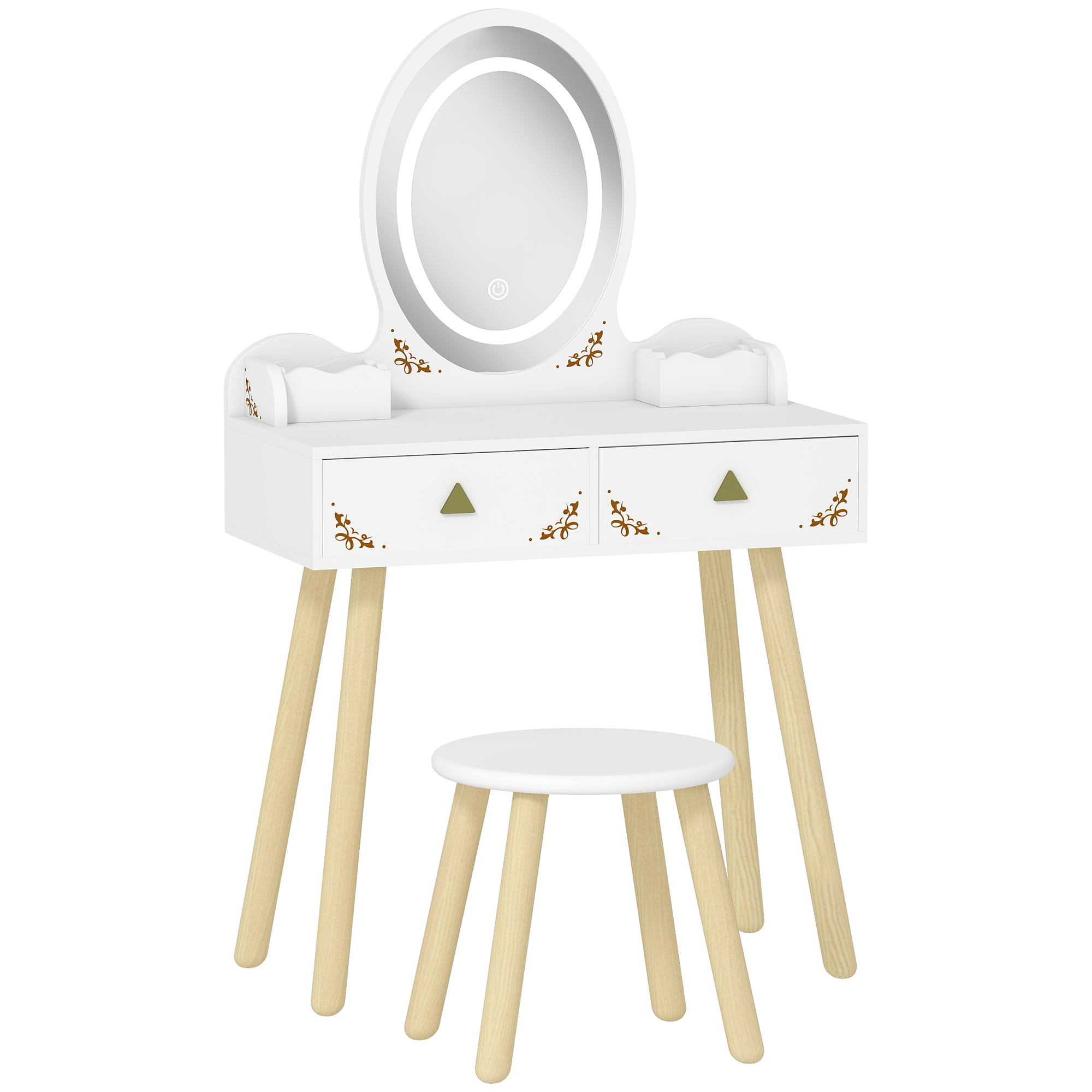 VALTHORNYX Kids Dressing Table and Chair Set with 3 Colour LED Lights Mirror, Drawer and Storage Boxes for 3+ Years - White