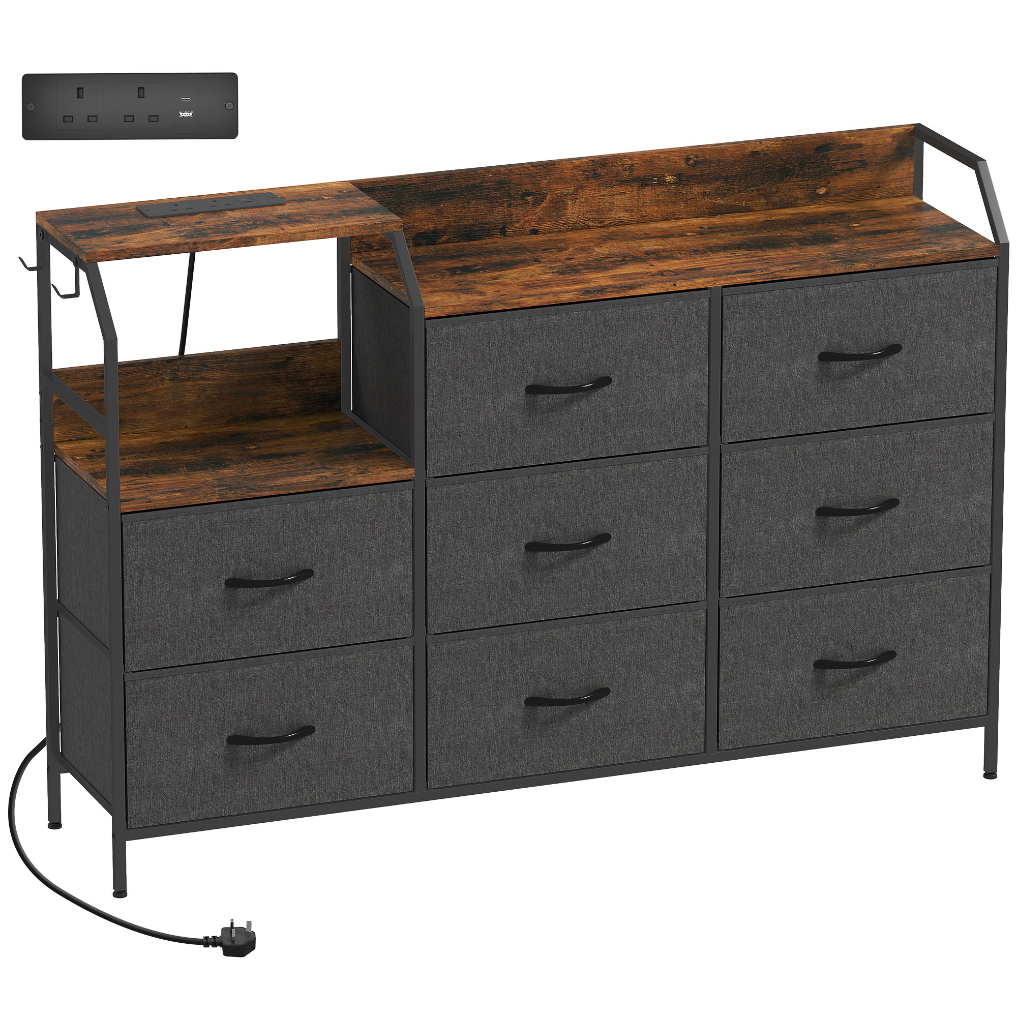 ORDSLEY Black Fabric Chest of Drawers - Extra Large-sized, 8 Drawers, Double
