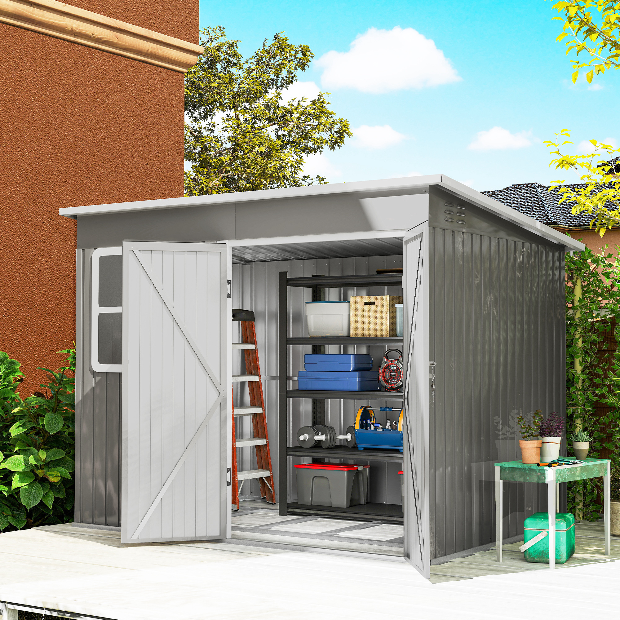 RIVEON Metal Metal Garden Shed - Light Grey