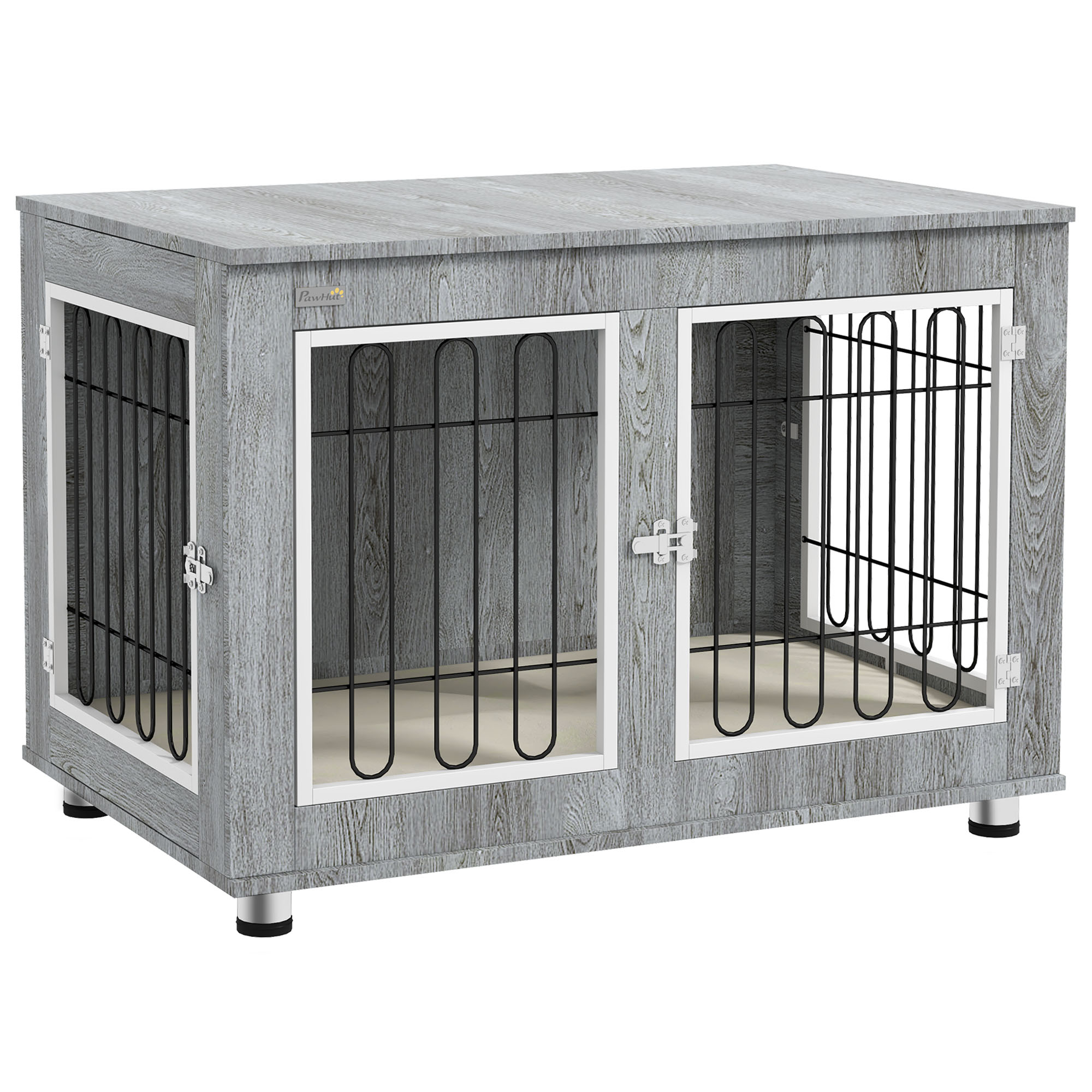 BAKEWELL Dog Crate Furniture End Table with Cushion and Double Doors for Medium and Large Dogs - Grey, White and Black