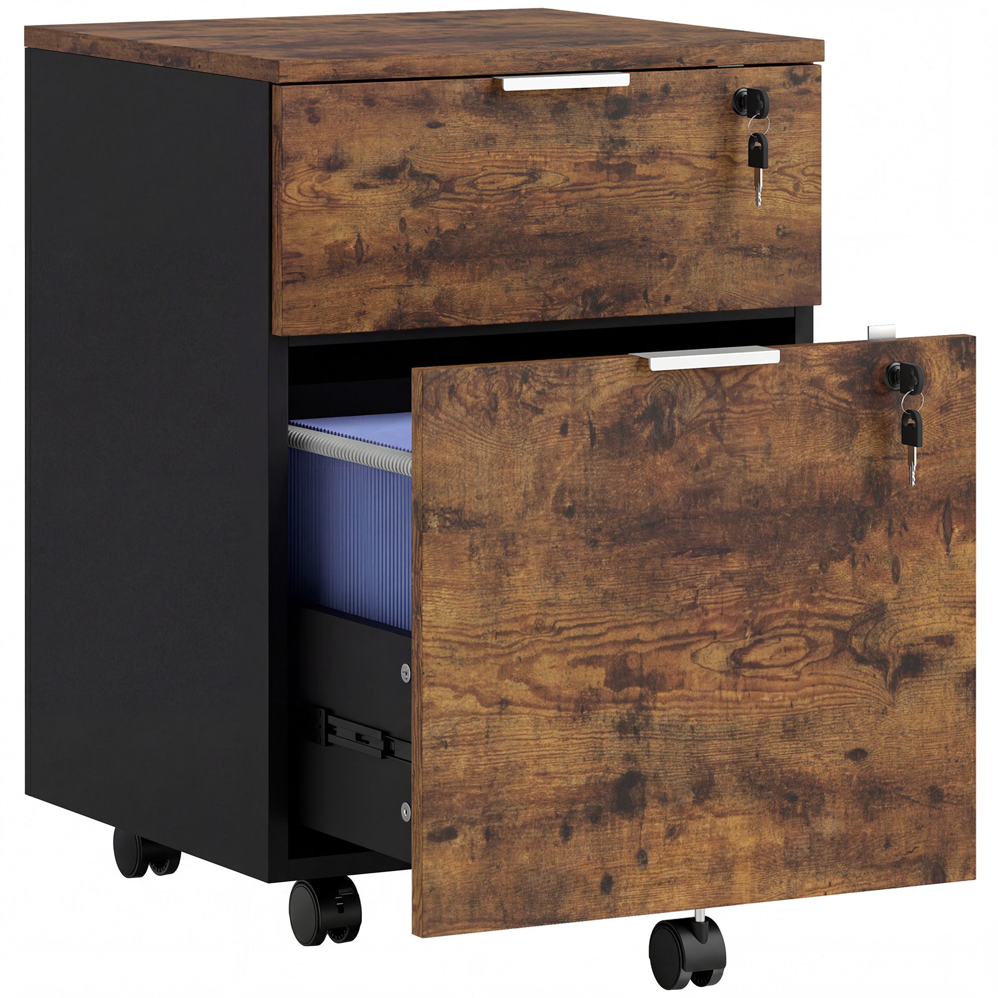 STERELI Wooden 2 Drawer Lockable Filing Cabinet - Rustic Brown