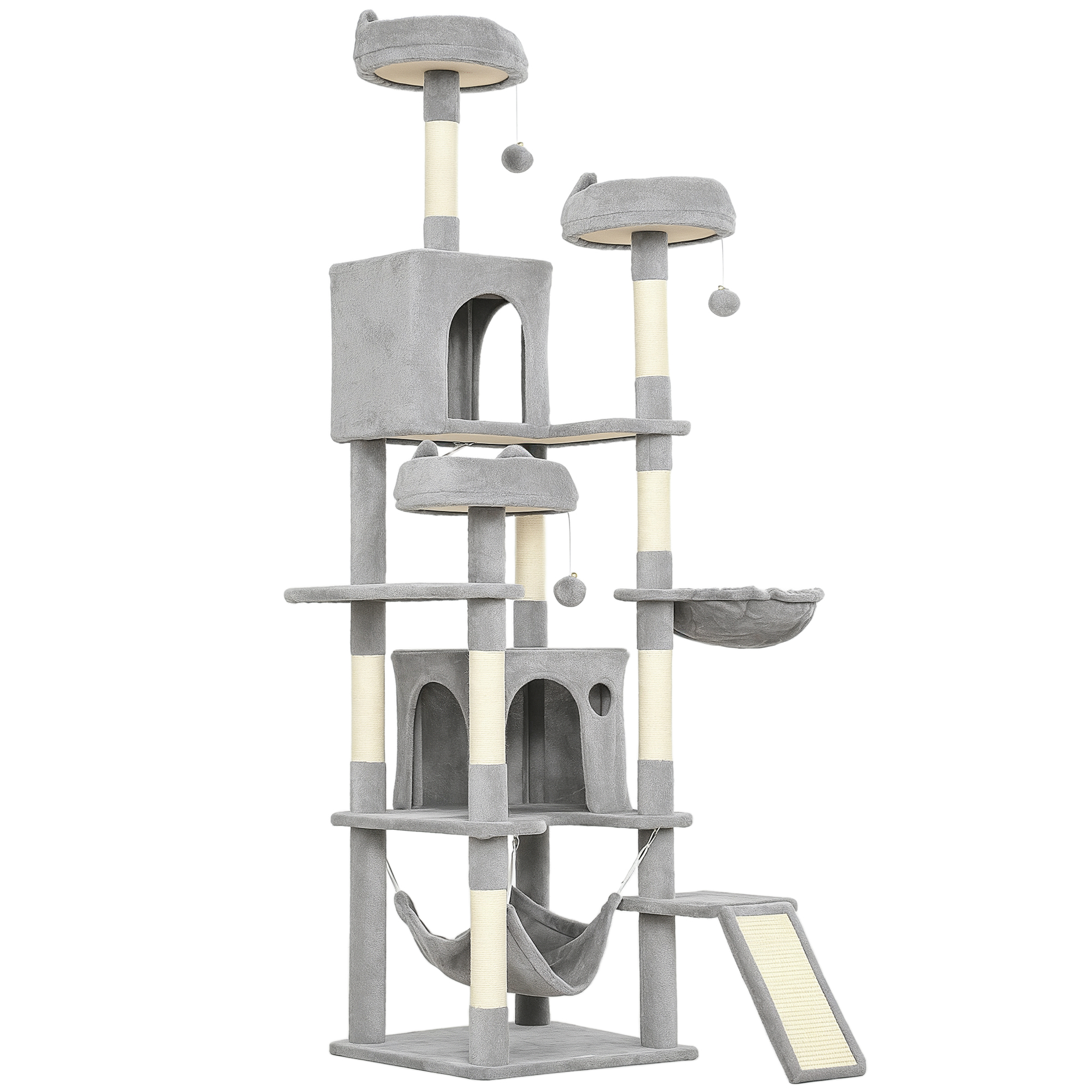 BRANSCOMBE 192 cm Cat Tree with 8 Scratching Posts, 3 Plush Beds and 2 Hammocks - Light Grey and Cream White