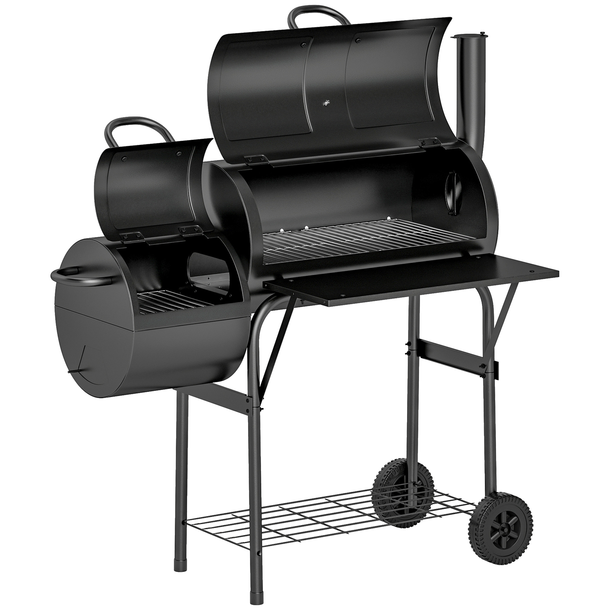 Black Steel Charcoal Barbecue Grill with Offset Smoker - 60cm