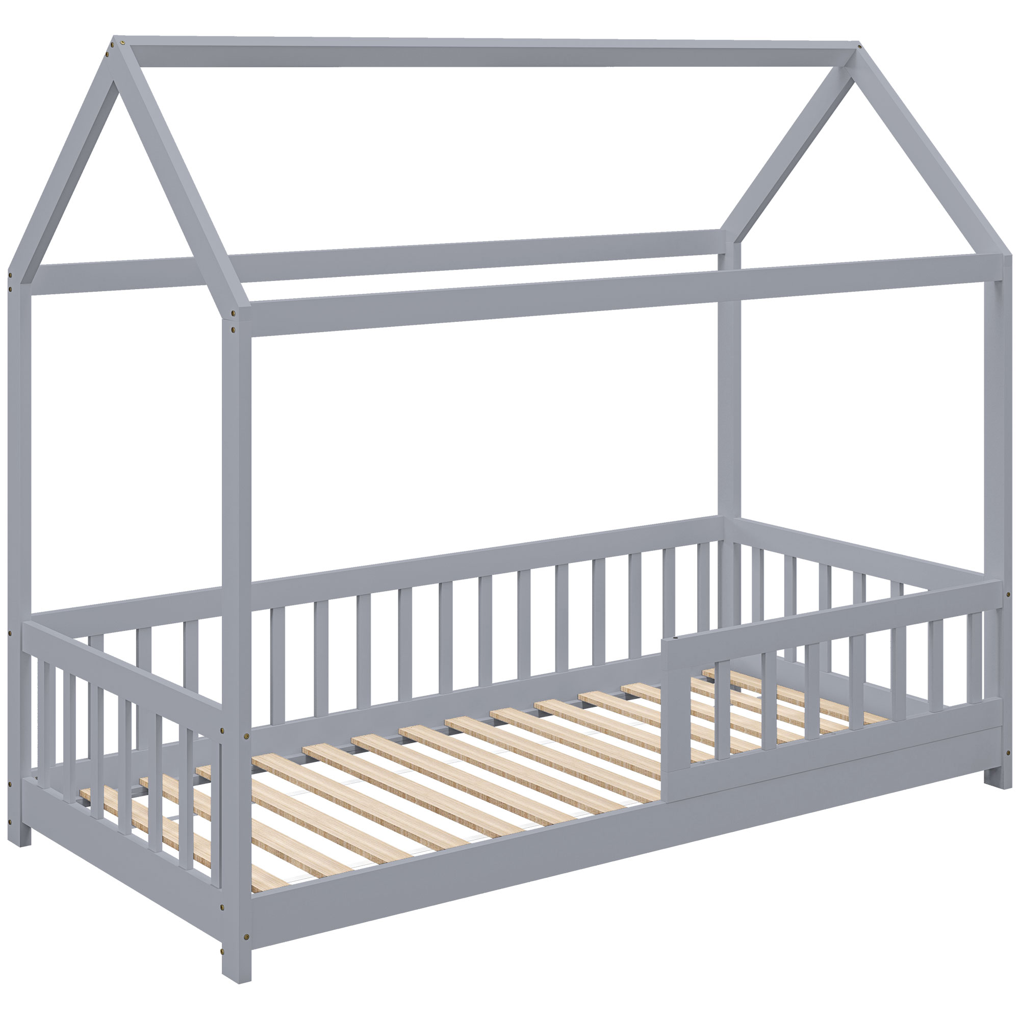 STONLEIGH Kids Single Pine Wood House Bedframe with Guard Rails - Grey