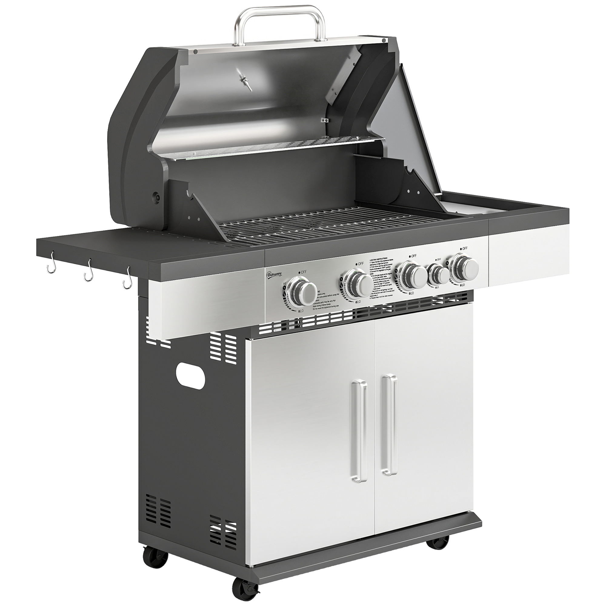 Valbury Silver Steel Barbecue Grill with Side Burner, Warming Rack - 130cm