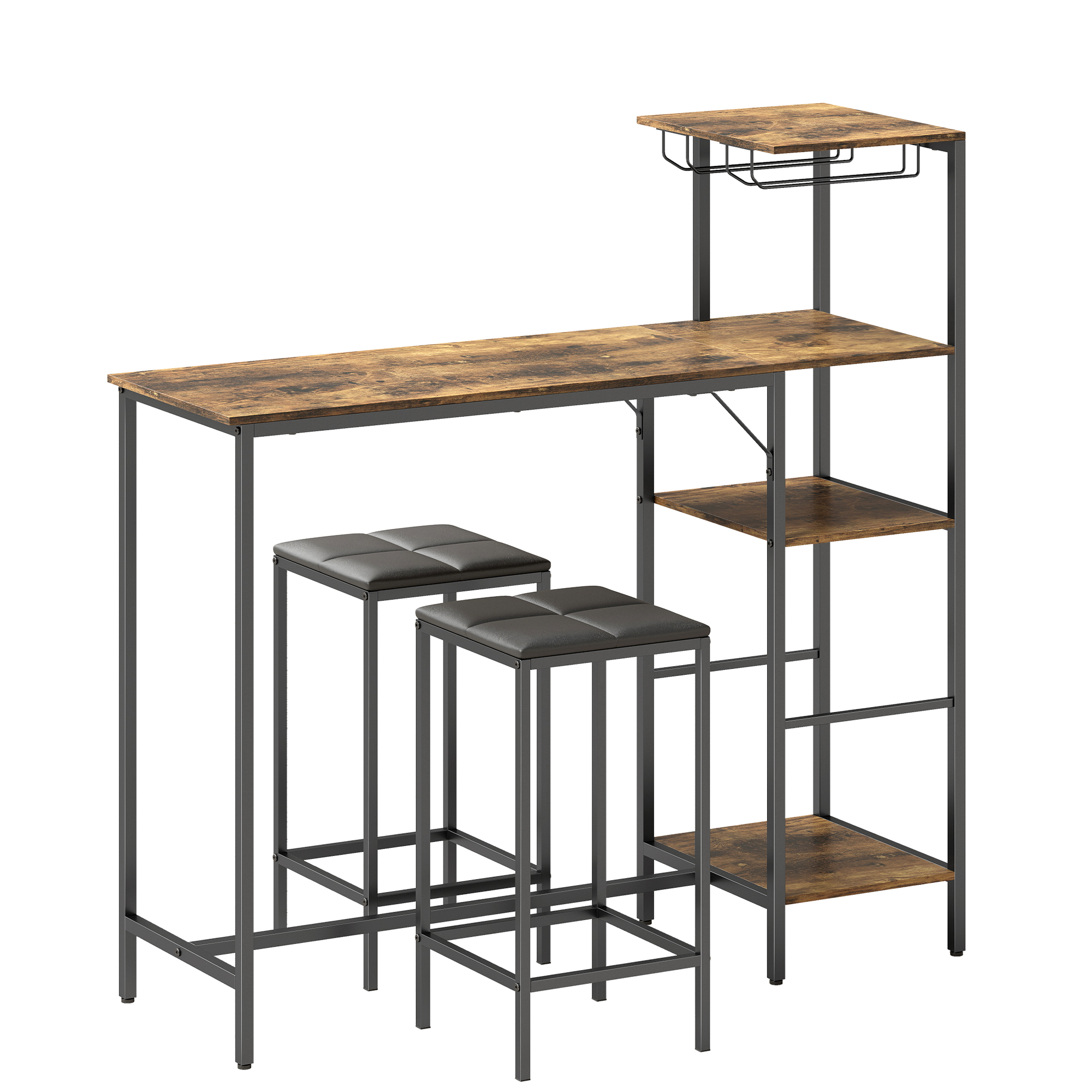 Oakbury Rustic Brown Metal Bar Table with 2 Stools Set - 122cm