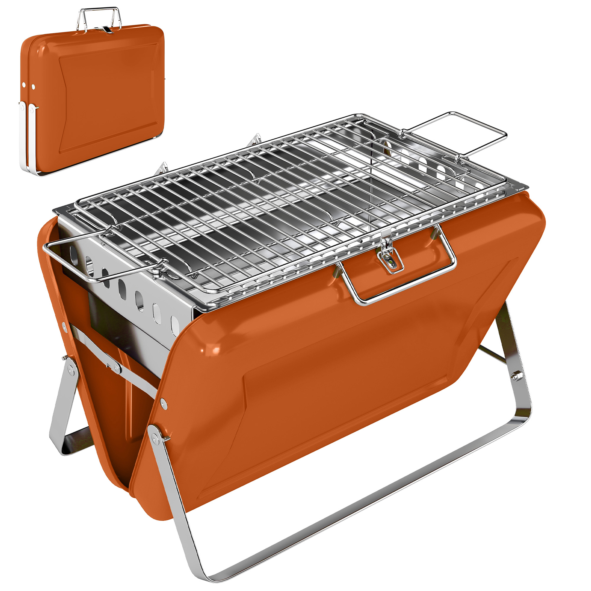 Prilyne Orange Stainless Steel Barbecue Grill with Suitcase Shell - 28cm
