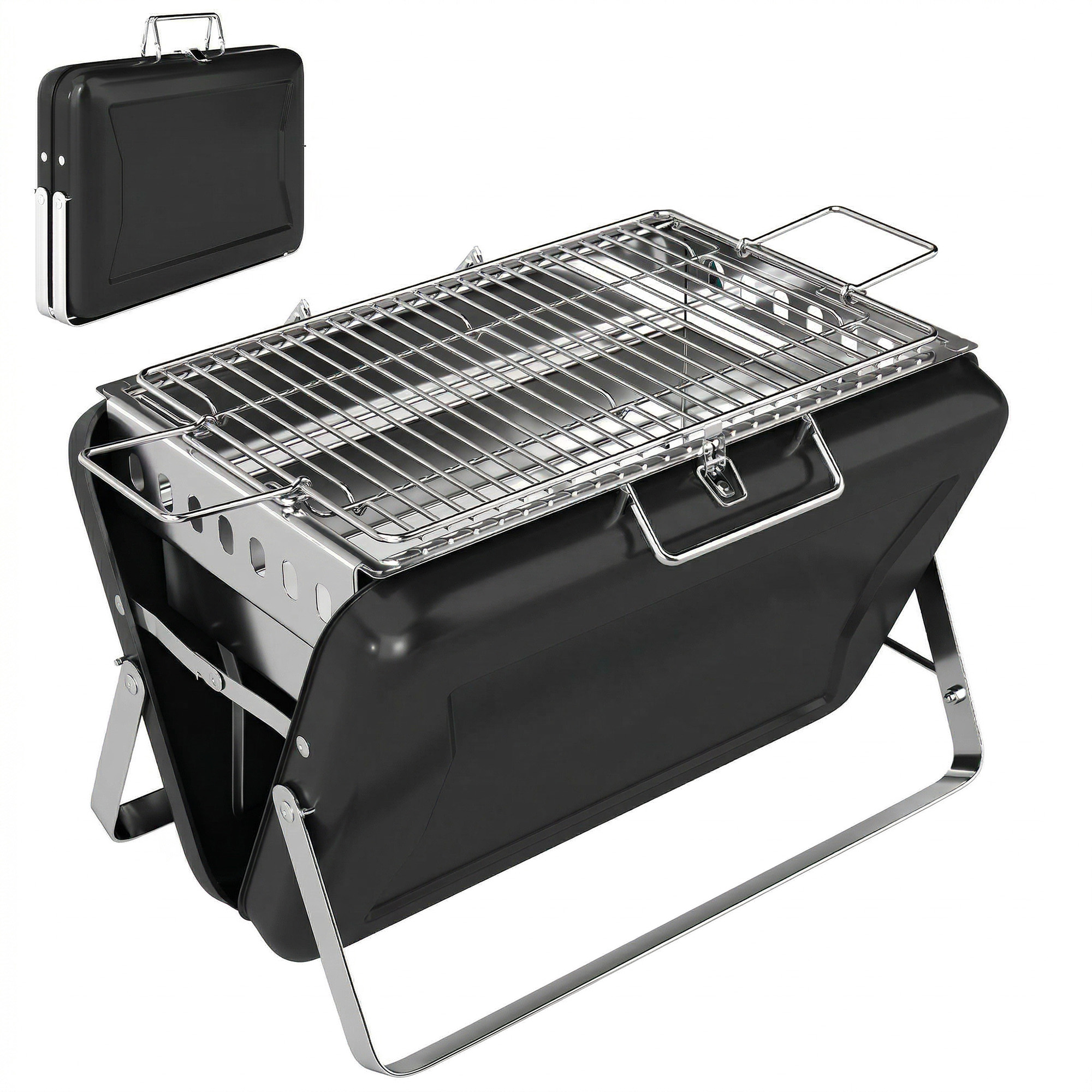 Prilyne Black Stainless Steel Barbecue Grill with Suitcase Shell - 28cm