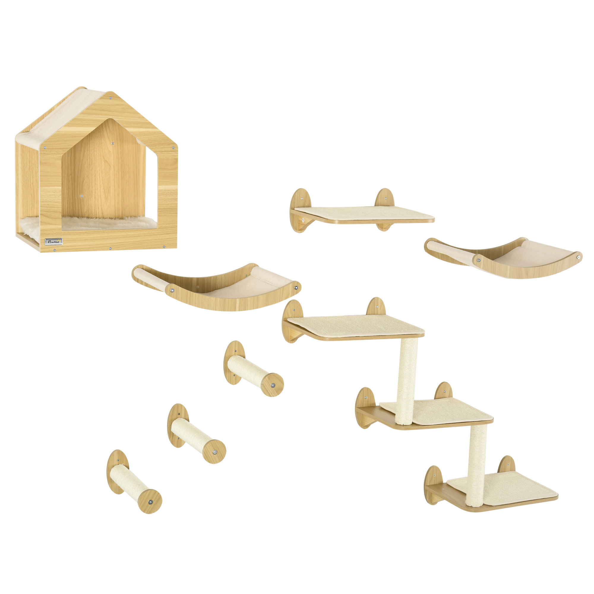 Valshaw Oak Tone Fabric 8 Piece Cat Shelves Set - 33cm