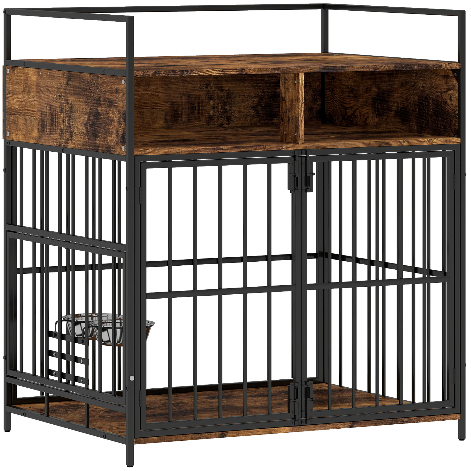 Solora Rustic Brown Dog Cage with Rotatable Feeding Station - 80cm