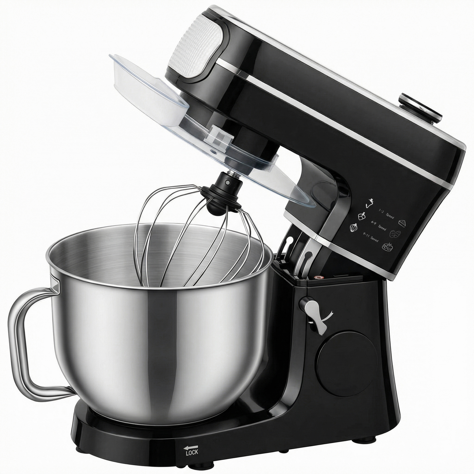 Ashheir Black Stainless Steel 6L 1400W Tilt-Head Food Mixer with 11 Speeds - 28cm