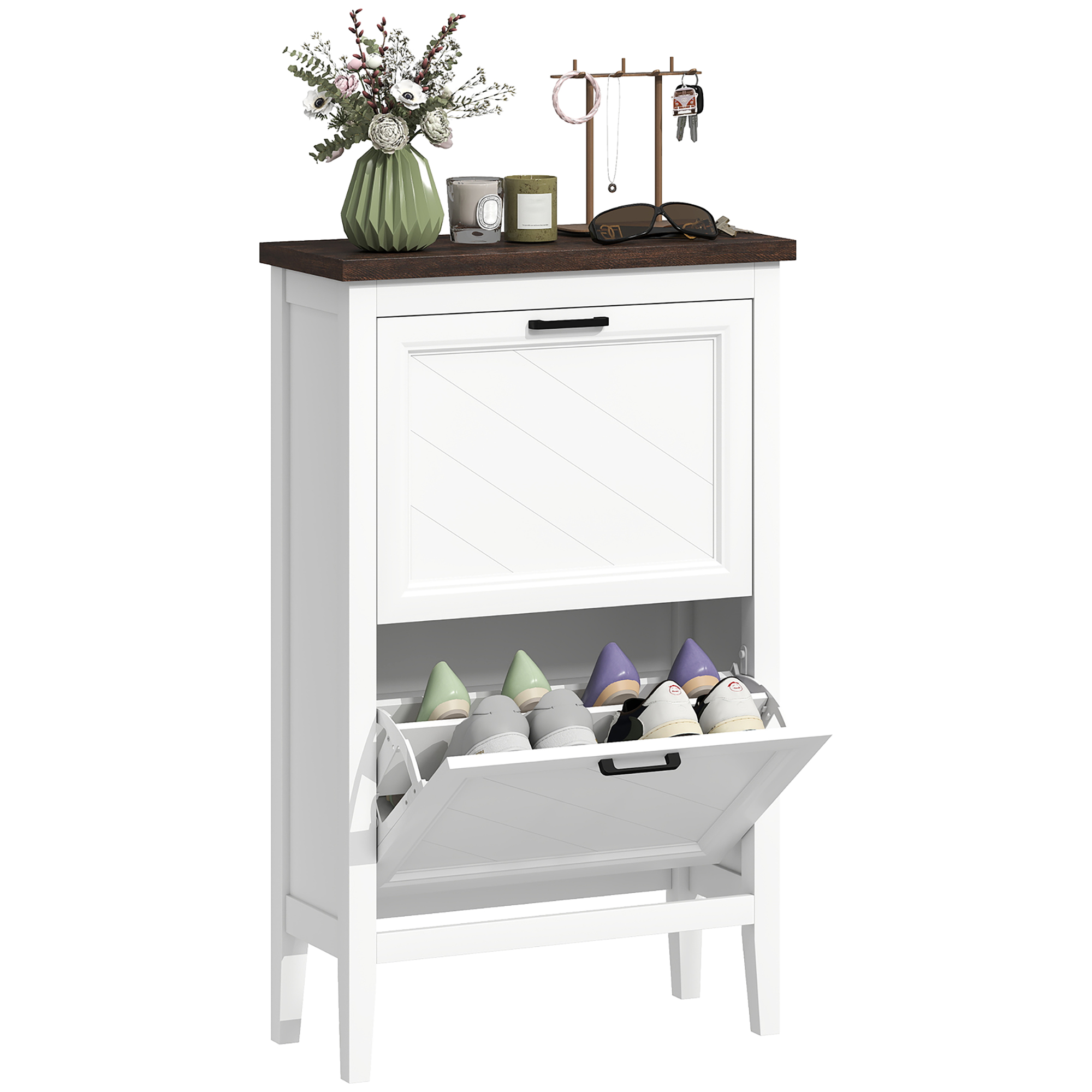 Checote White MDF Shoe Cabinet with 2 Flip Drawers - Large-sized - 60cm