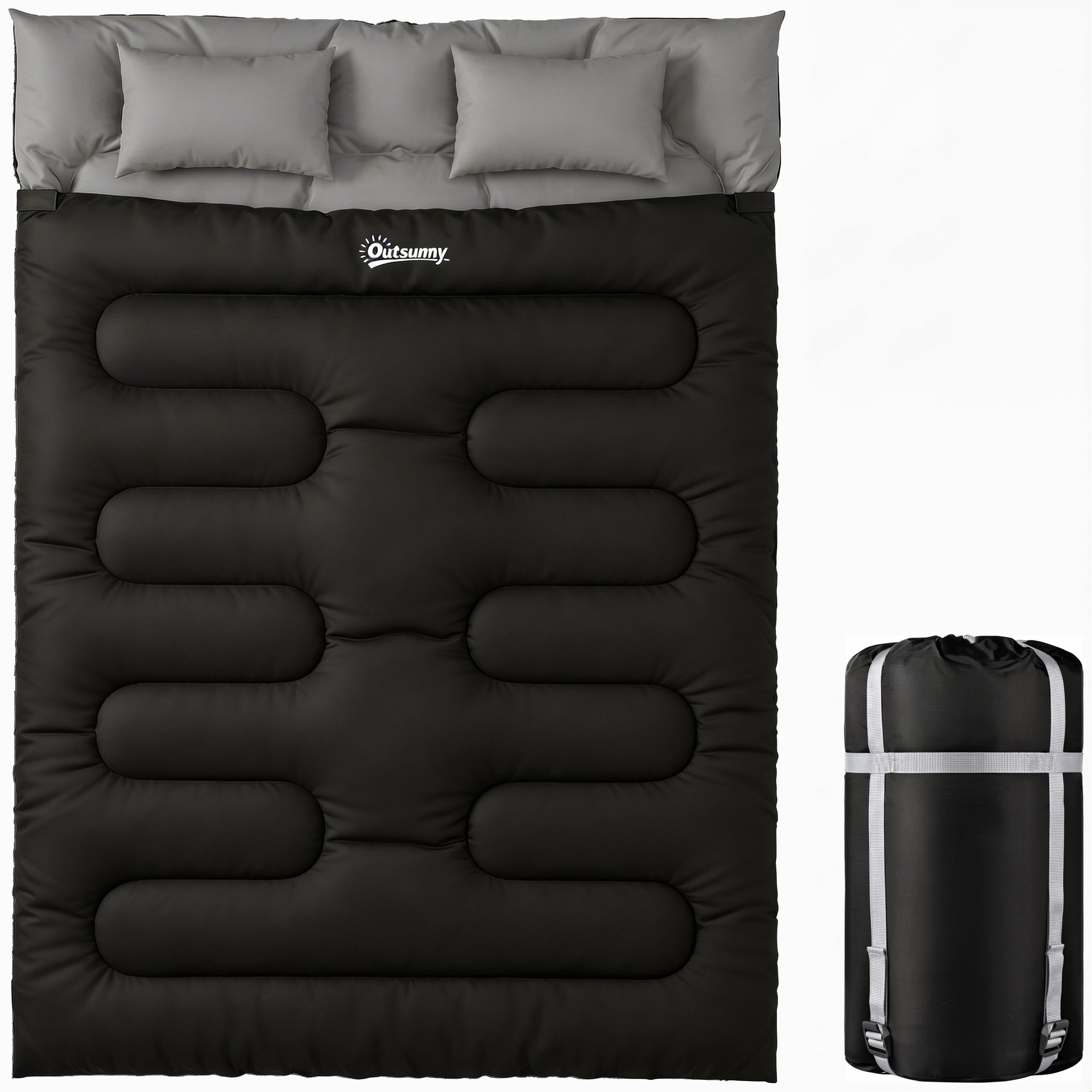 Wexcarr Black Fabric Double Sleeping Bag with 2 Pillows - 160cm