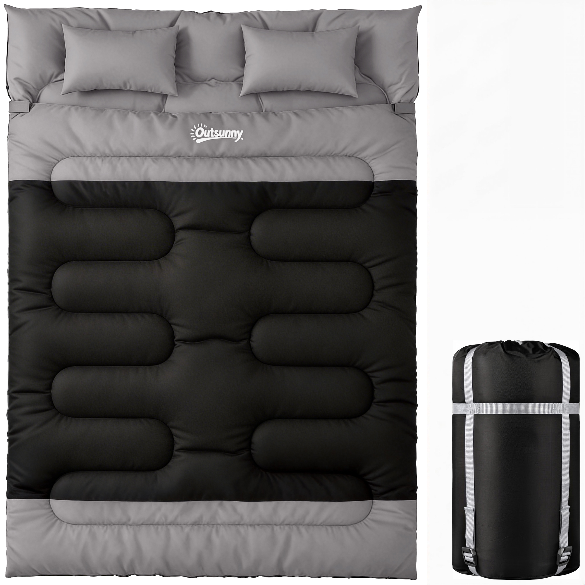 Wexcarr Black and Grey Fabric Double Sleeping Bag with 2 Pillows - 160cm