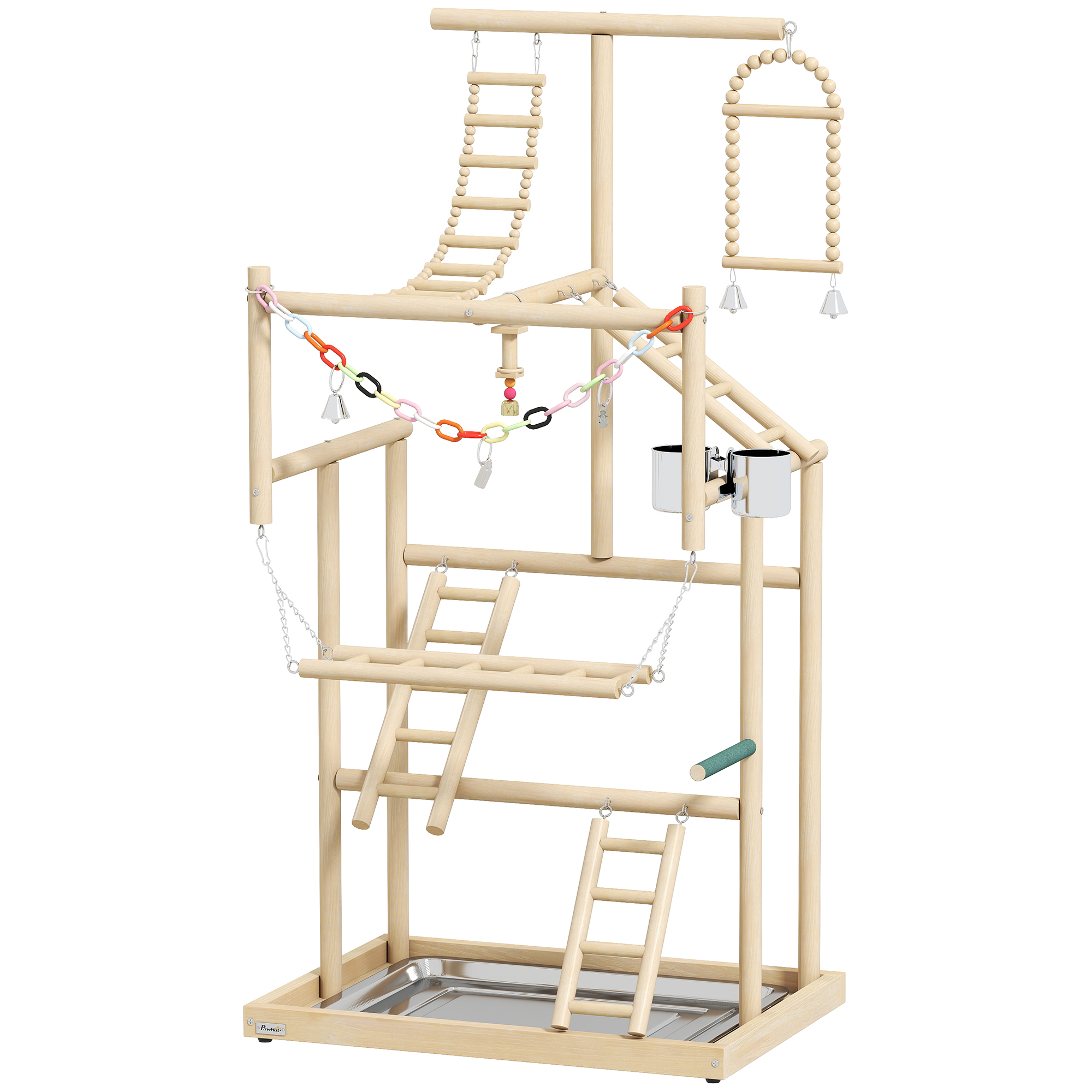 DITCHLING 95 cm Wooden Bird Playground with Ladders, Chain Toy, Steel Cups and Tray - Natural Wood