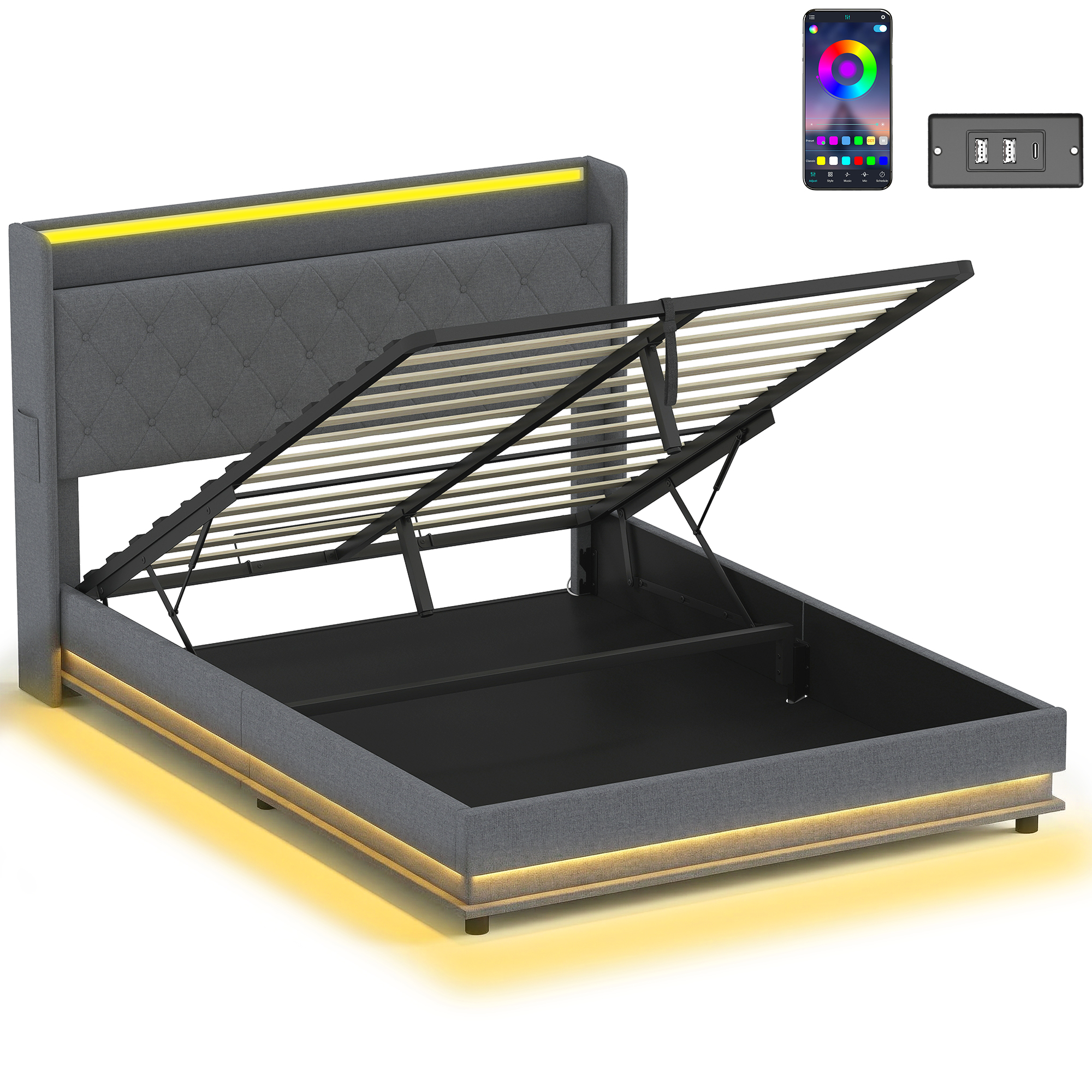 Valford Kingsize Ottoman Storage Fabric Bedframe with LED Light - Dark Grey