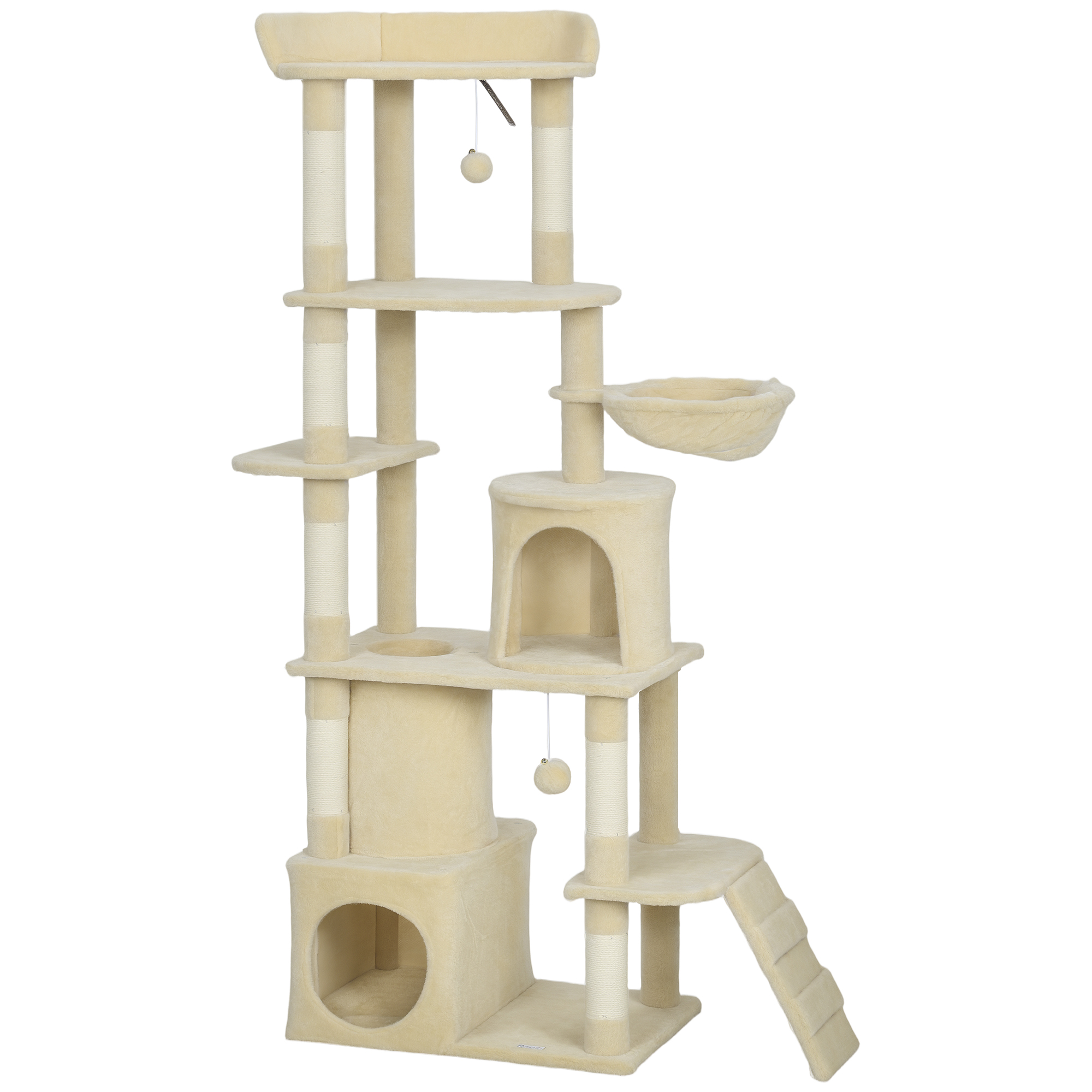 HALYVORN 170 cm Cat Tree with 7 Scratching Posts, 2 Condos, Tunnel, Hammock, Perch and Ramp - Beige and Cream White