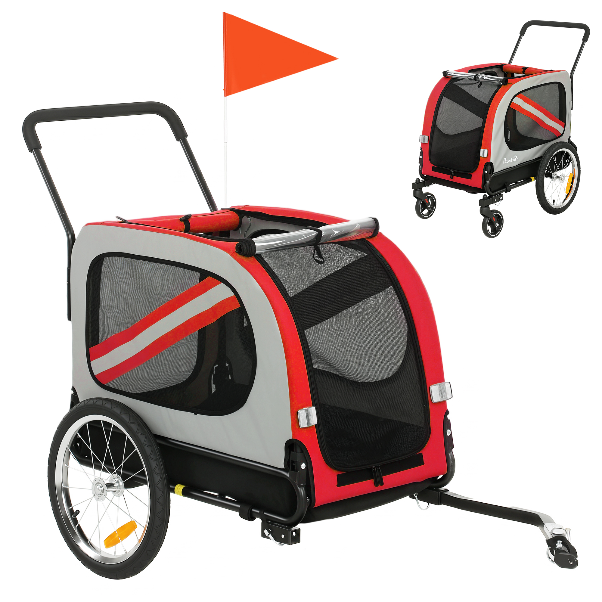 GLASTONBURY 2 in 1 Dog Bike Trailer and Pet Stroller with Universal Wheel and Reflector Flag - Red and Black