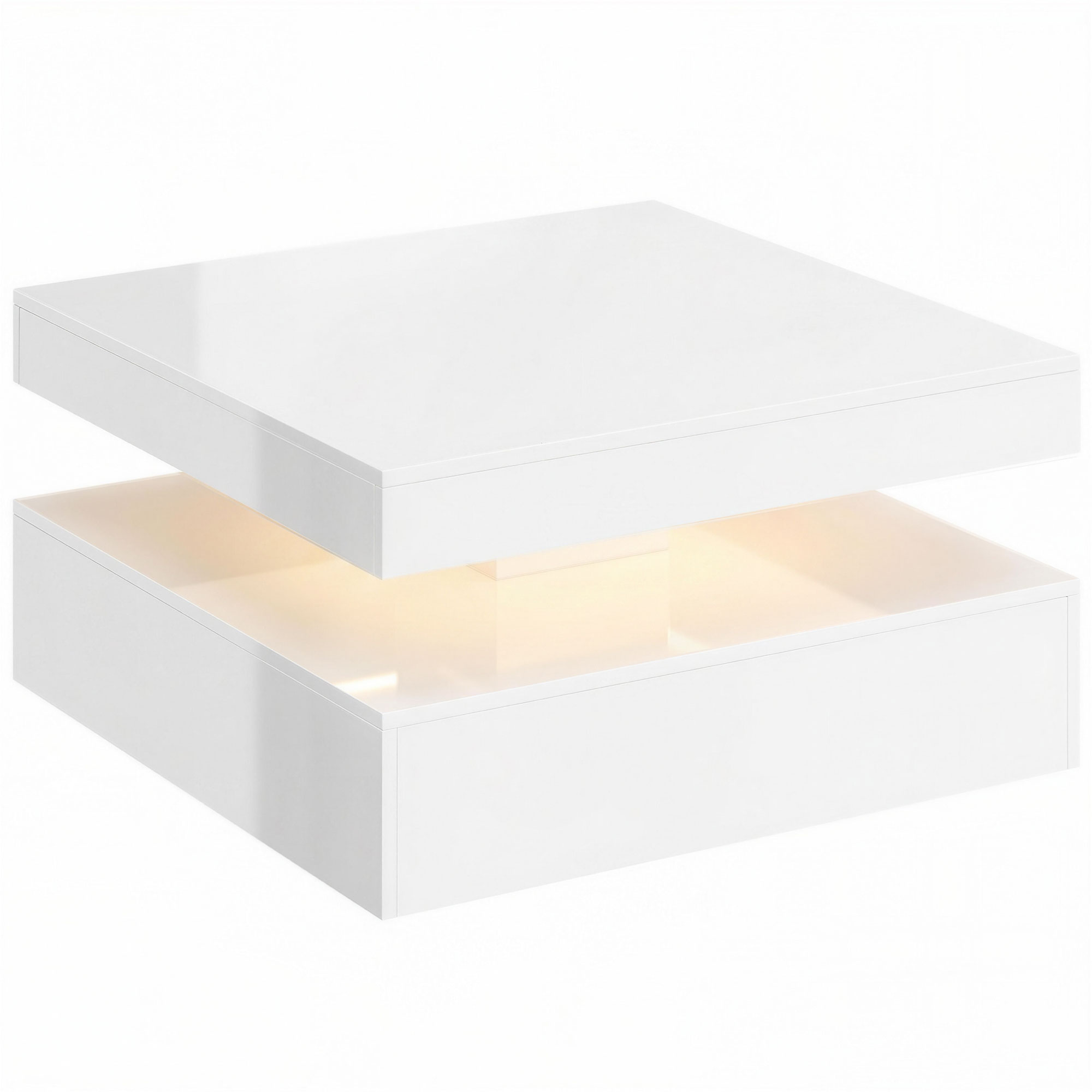 CLANDON High Gloss LED Coffee Table with 2 Tiers, Open Storage Shelf and Remote Control - High Gloss White