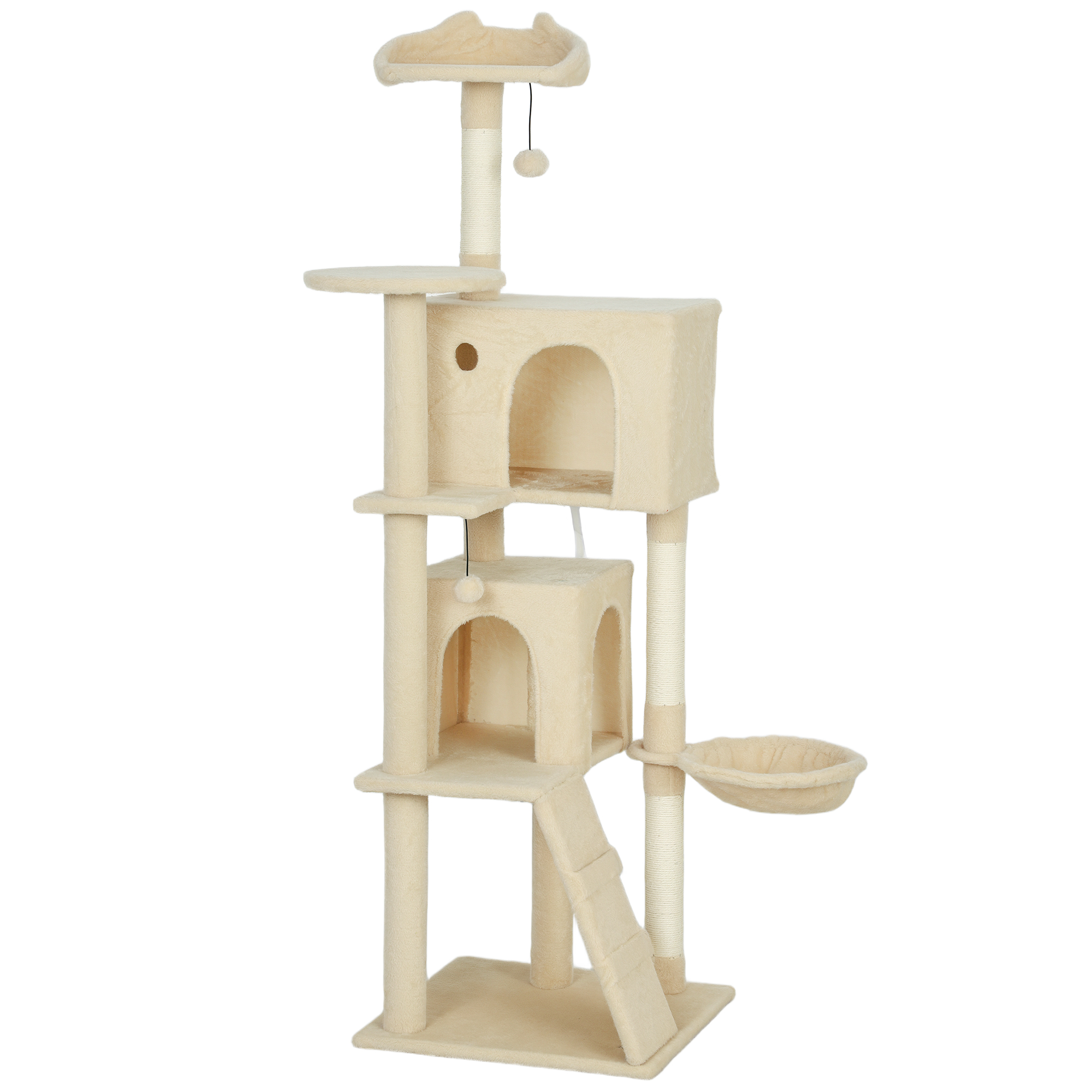 MORNYSS 160 cm Cat Tree with Scratching Posts, Condos, Plush Perches, Hammock and Ladder - Beige and Cream White