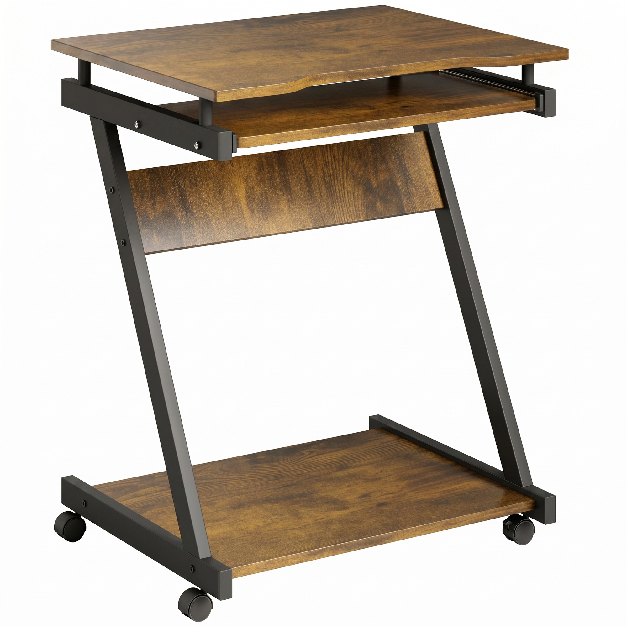 KIRKBY Mobile Computer Desk with 4 Wheels and Keyboard Tray - Rustic Brown