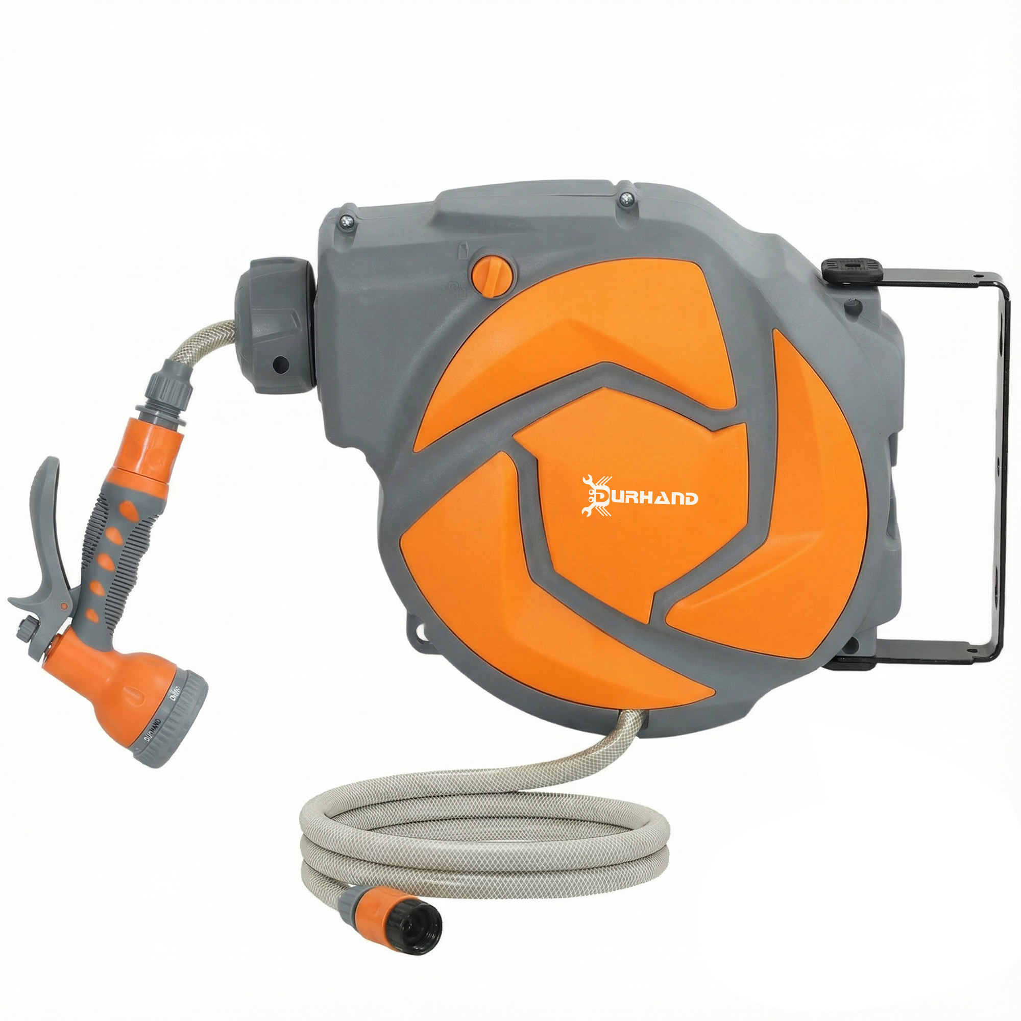 RUSHDEN 10 m Wall Mounted Auto Rewind Garden Hose Reel with 7 Pattern Spray Nozzle - Black and Orange