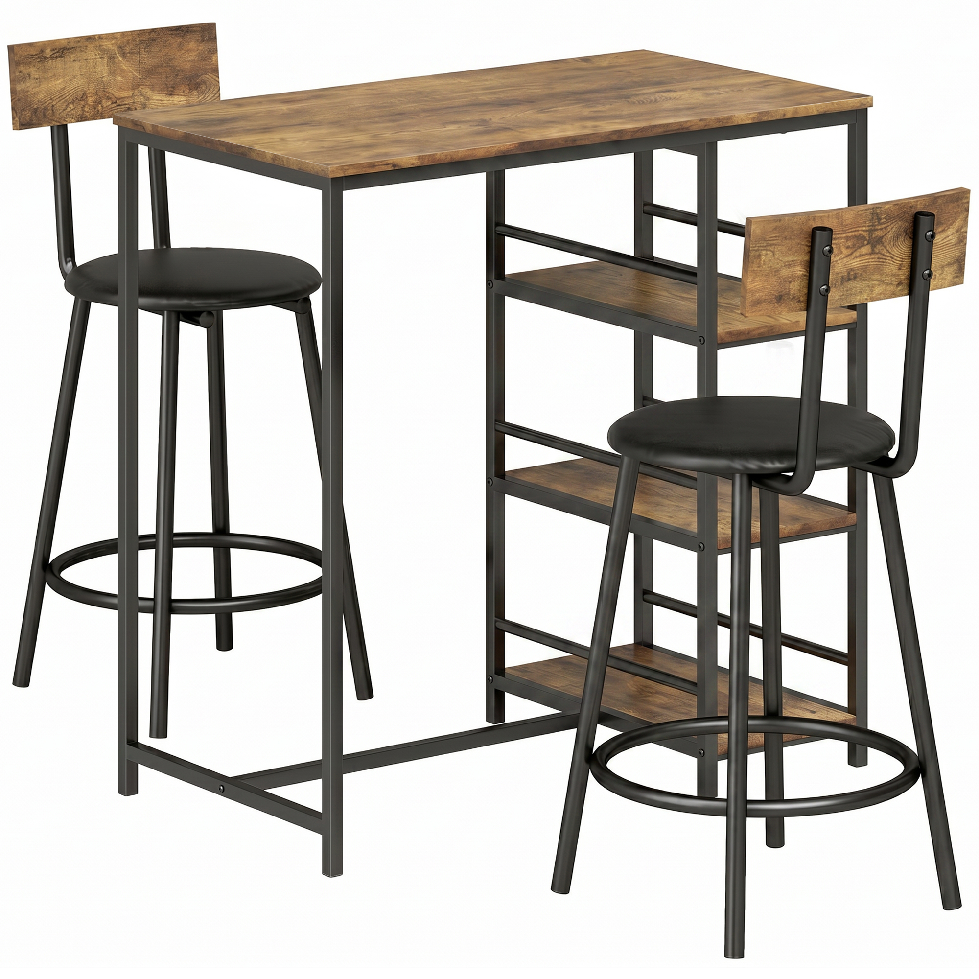 EDGBASTON 3 Piece Breakfast Bar Table and 2 PU Leather Stools Set with Storage Shelves - Rustic Brown and Black