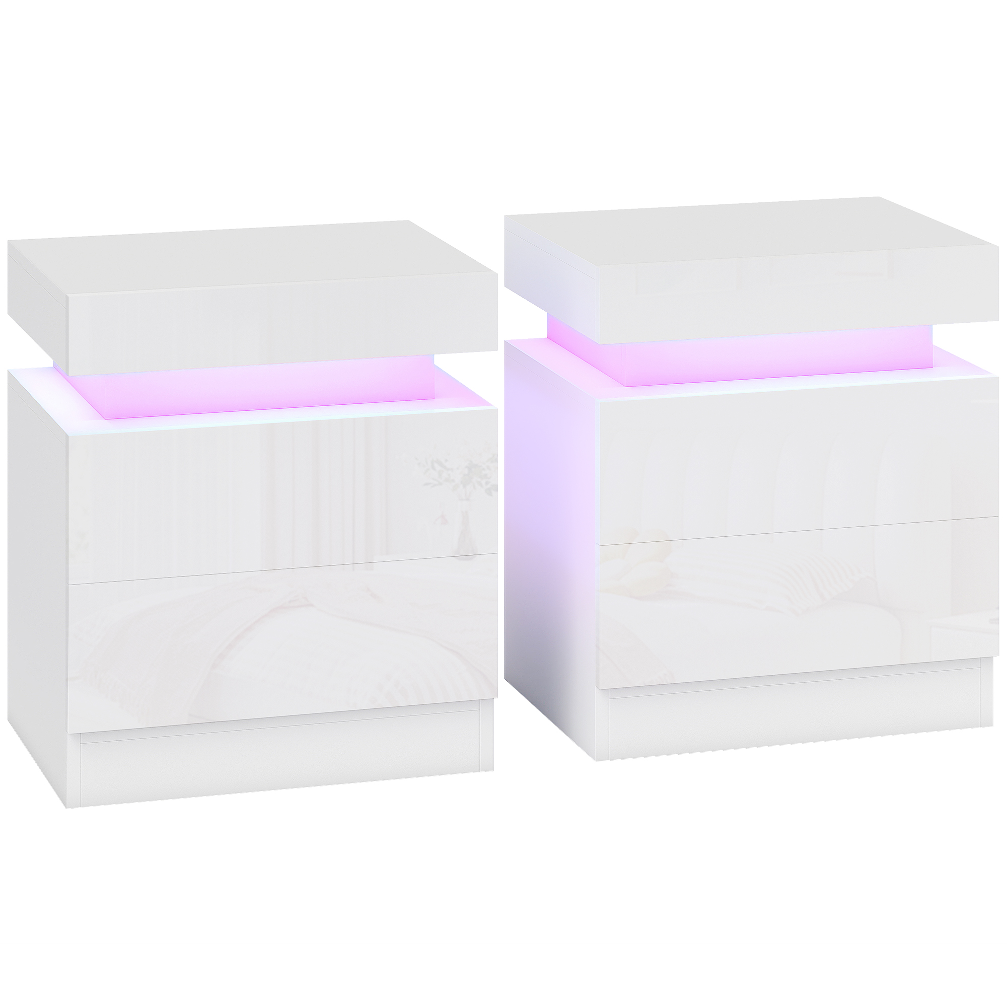 CHARING Set of 2 High Gloss Bedside Tables with LED Lights and 2 Drawers - White