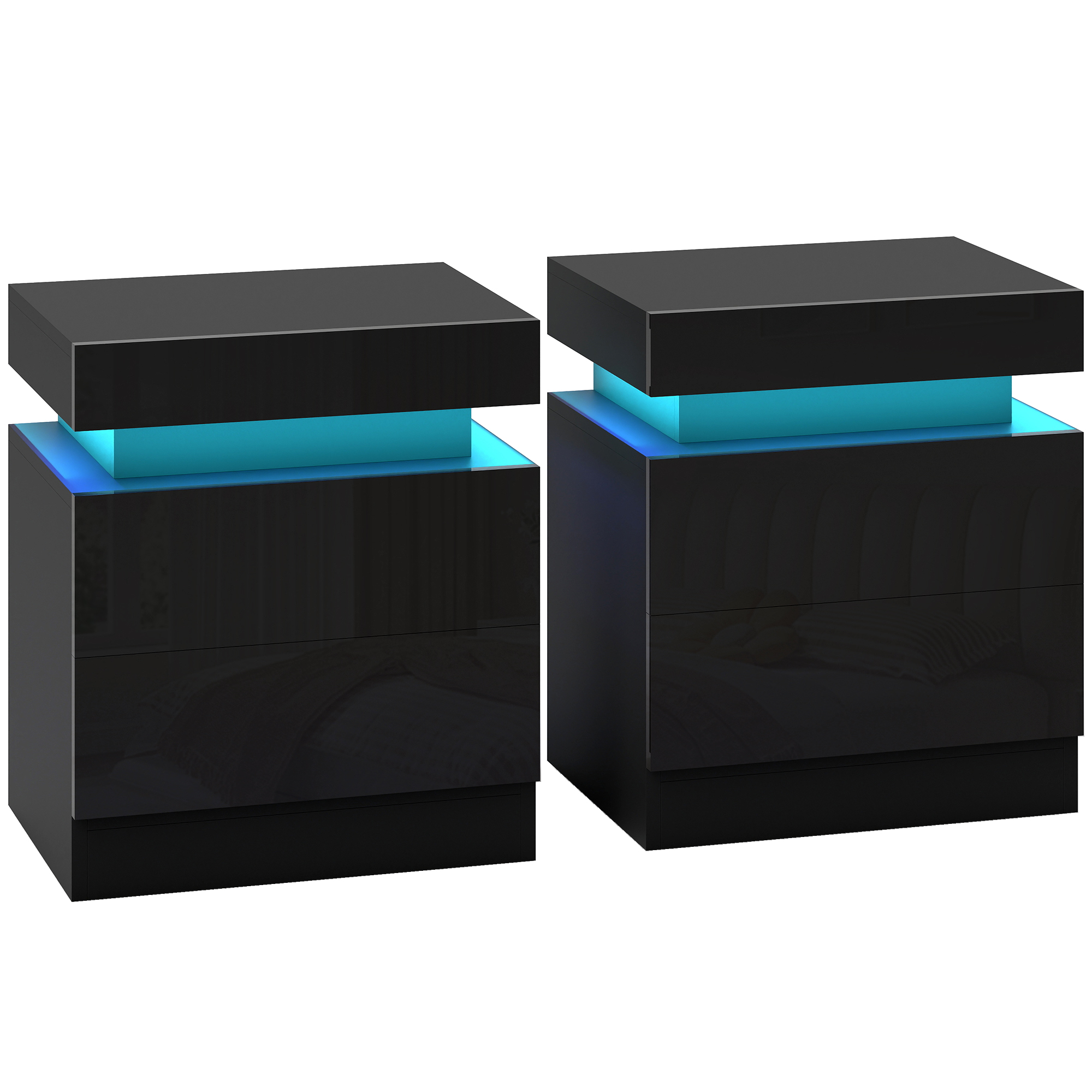 CHARING Set of 2 High Gloss Bedside Tables with LED Lights and 2 Drawers - Black