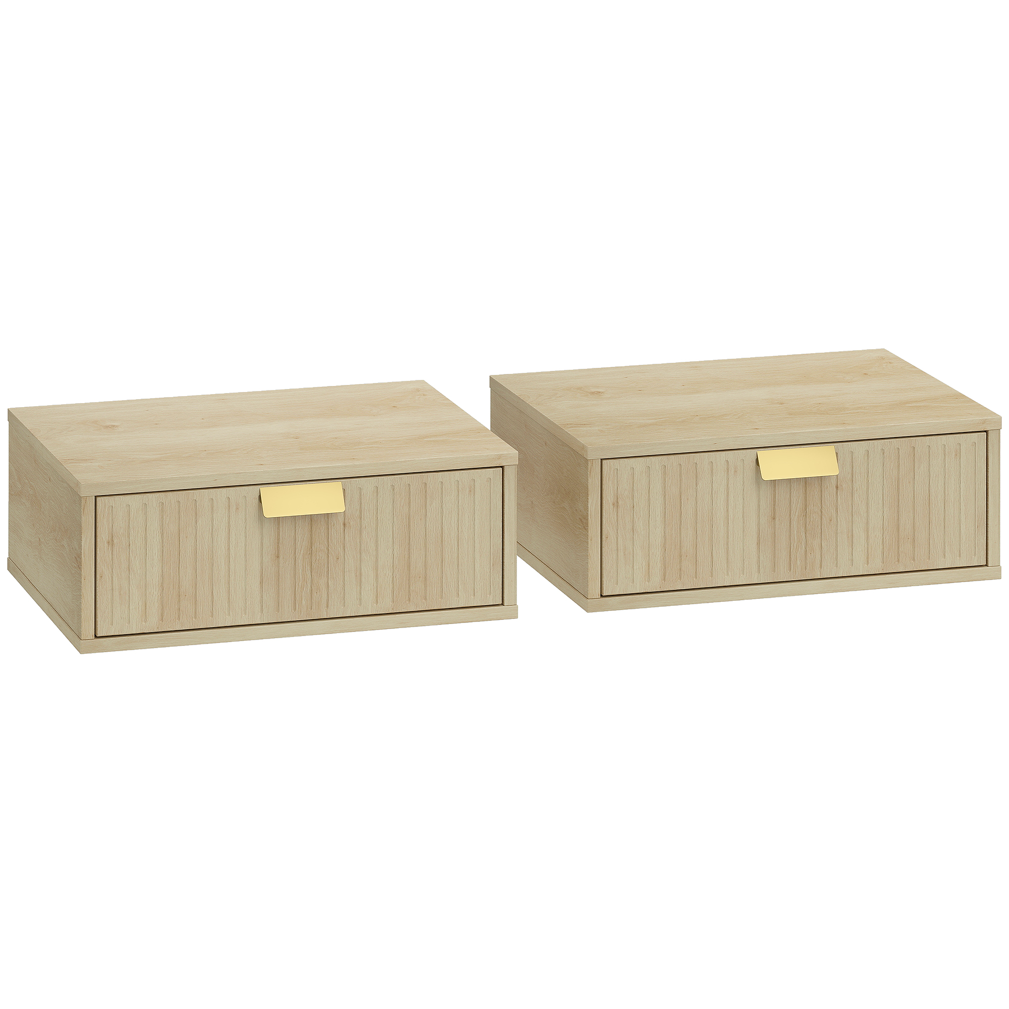 OAKWOOD Set of 2 Wall Mounted Floating Bedside Tables with Wave Drawers - Oak