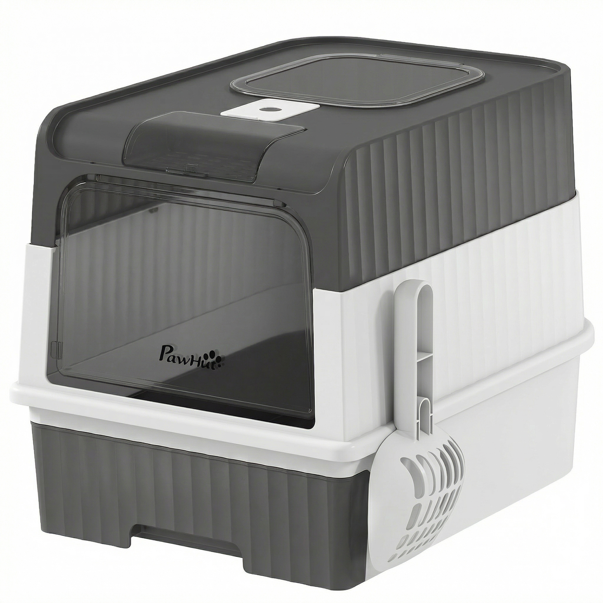 SANDHURST Enclosed Cat Litter Box with Pull Out Tray, Scoop, Front Entry and Top Exit - Grey, White and Black
