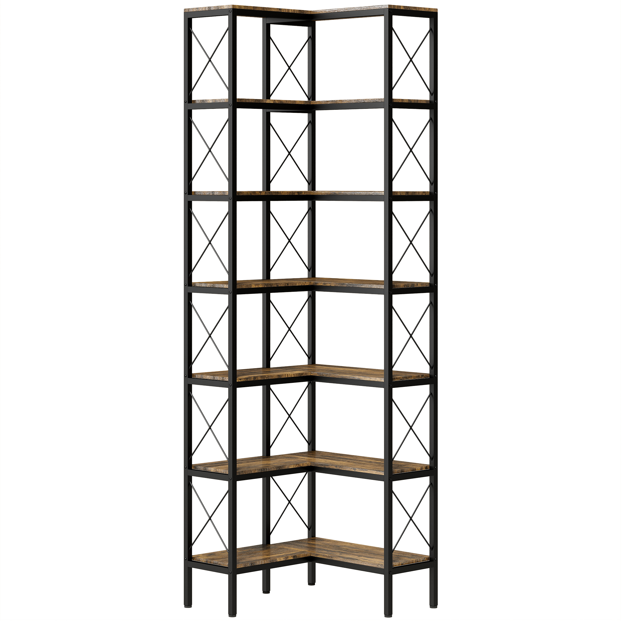 BELON 6 Tier L Shaped Corner Bookcase with Metal Frame - Rustic Brown and Black