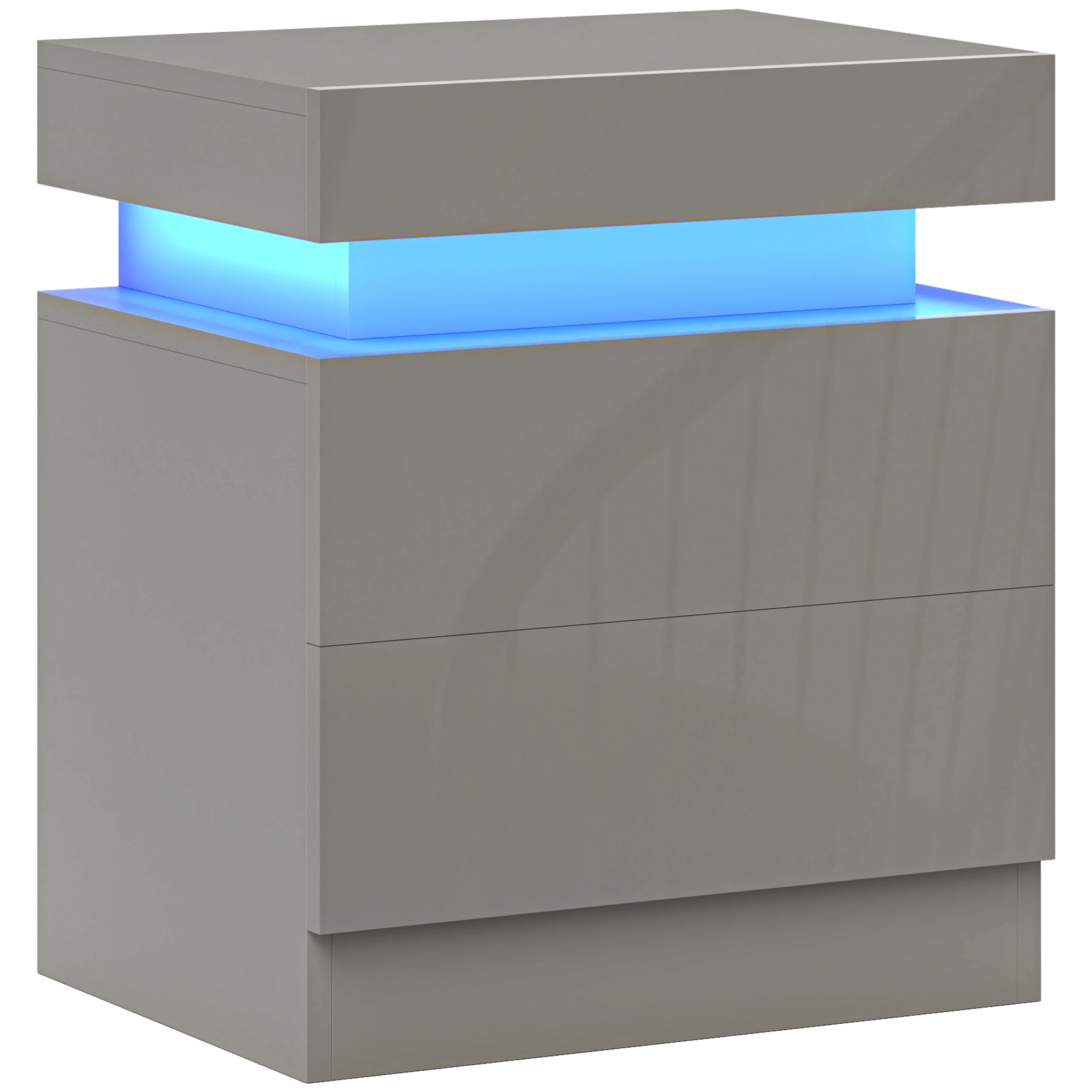 CHATSWORTH High Gloss Bedside Table with LED Light and 2 Drawers - Grey
