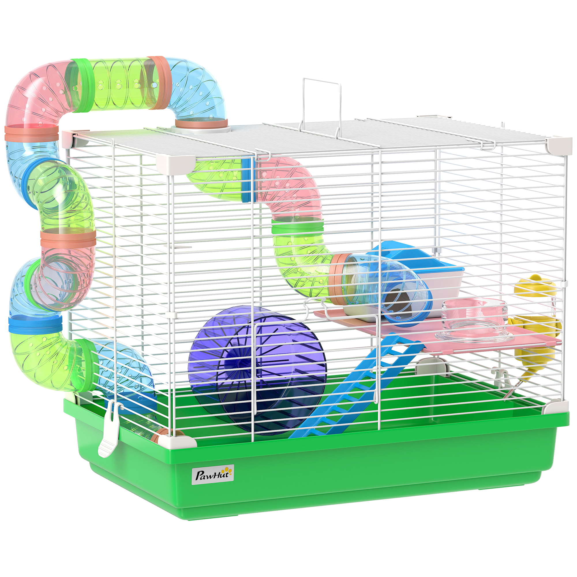 KENSHAW 2 Tier Hamster and Gerbil Cage with Wheels, Tunnel, Bottle, Dishes and Ladder - Green and White