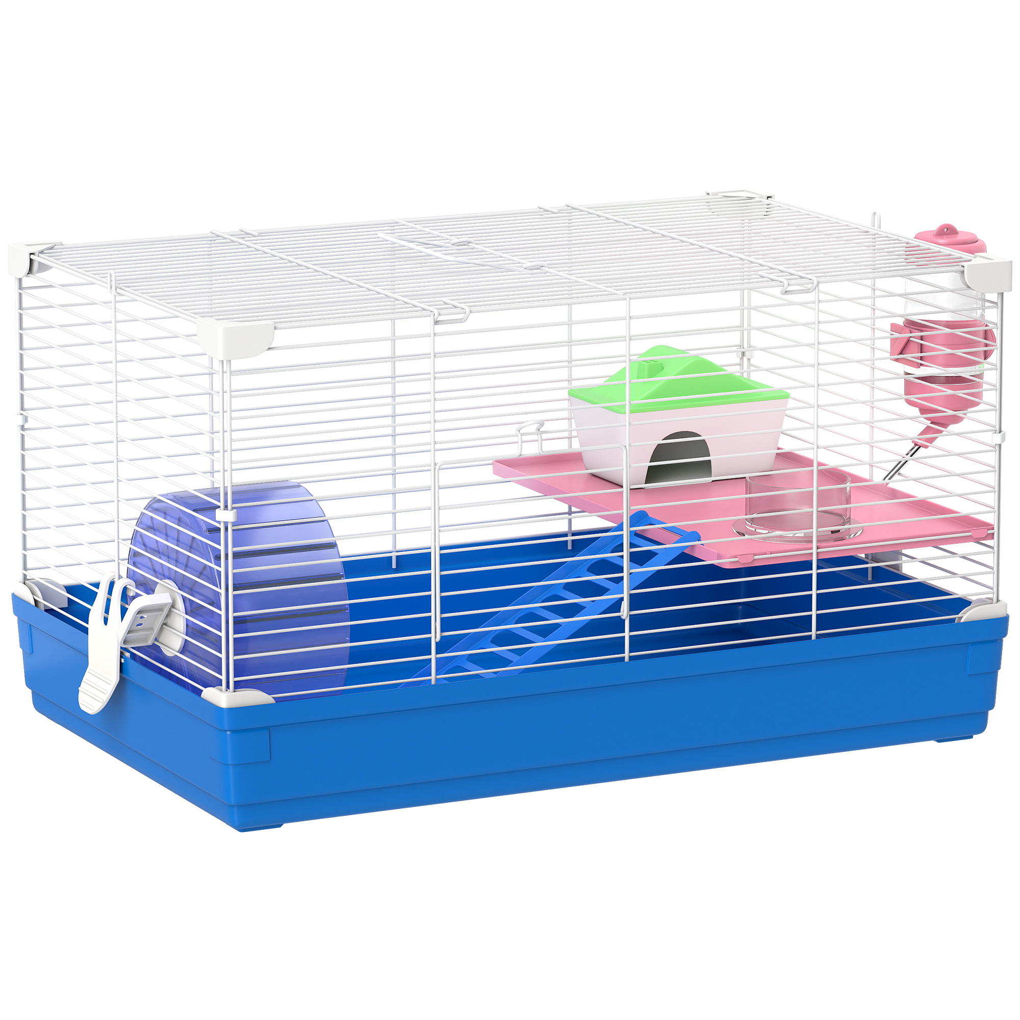 TISBURY 2 Tier Portable Hamster and Gerbil Cage with Wheel, Bottle, Dishes and Handle - Blue and White