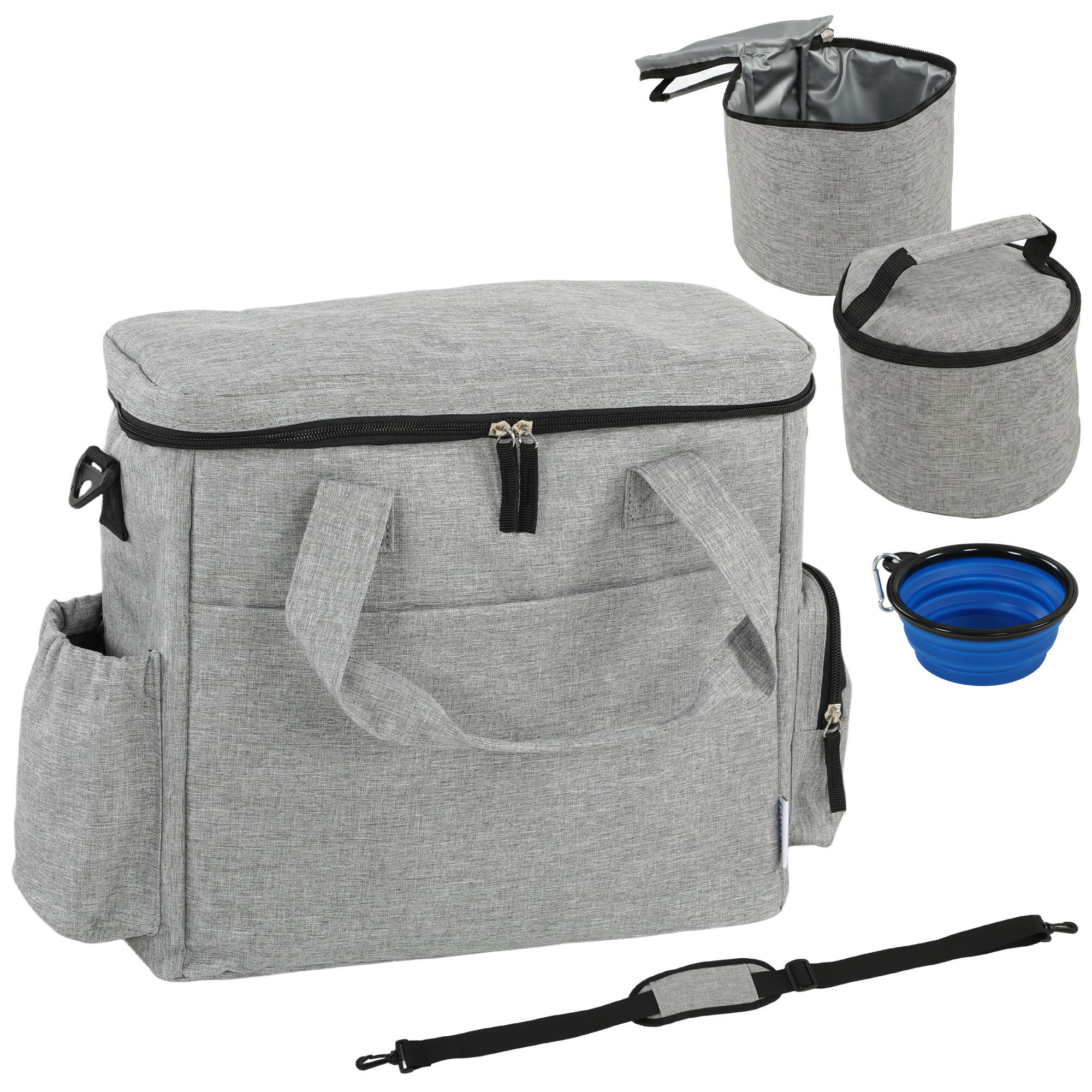 CLEARWELL Waterproof Dog Travel Bag with Food Containers, Collapsible Bowl and Multiple Pockets - Light Grey