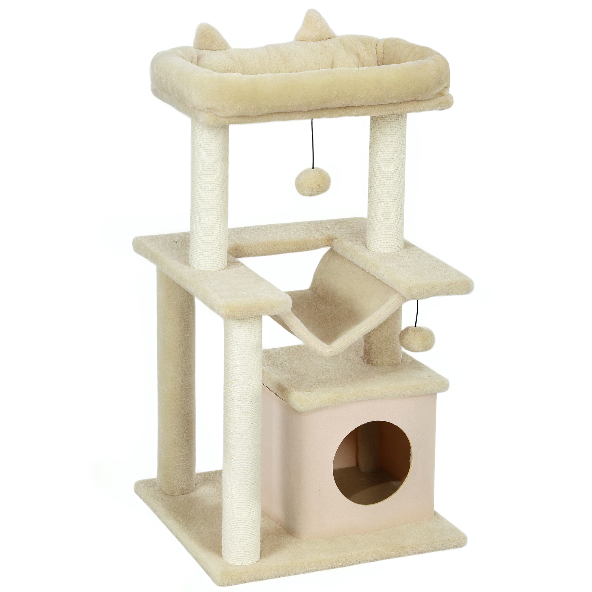 WANTAGE 90 cm Cat Tree with Scratching Posts, Condo, Hammock, Perch and 2 Toys - Beige