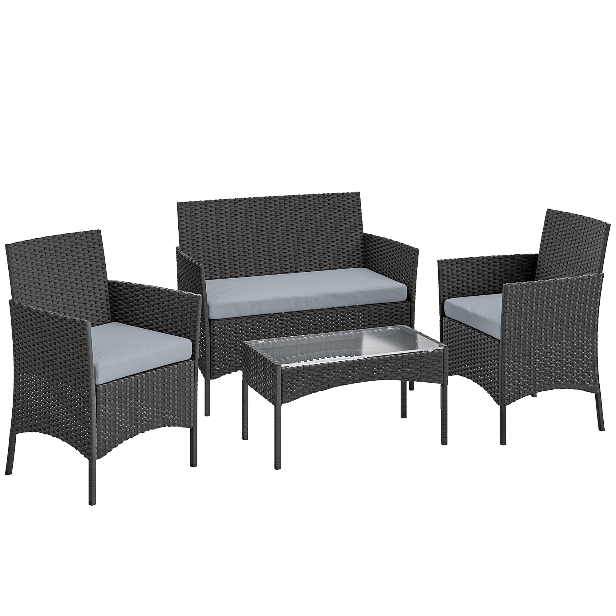 GLYCROF 4 Piece Rattan Garden Furniture Set with Loveseat, Armchairs, Coffee Table and Cushions - Black and Grey