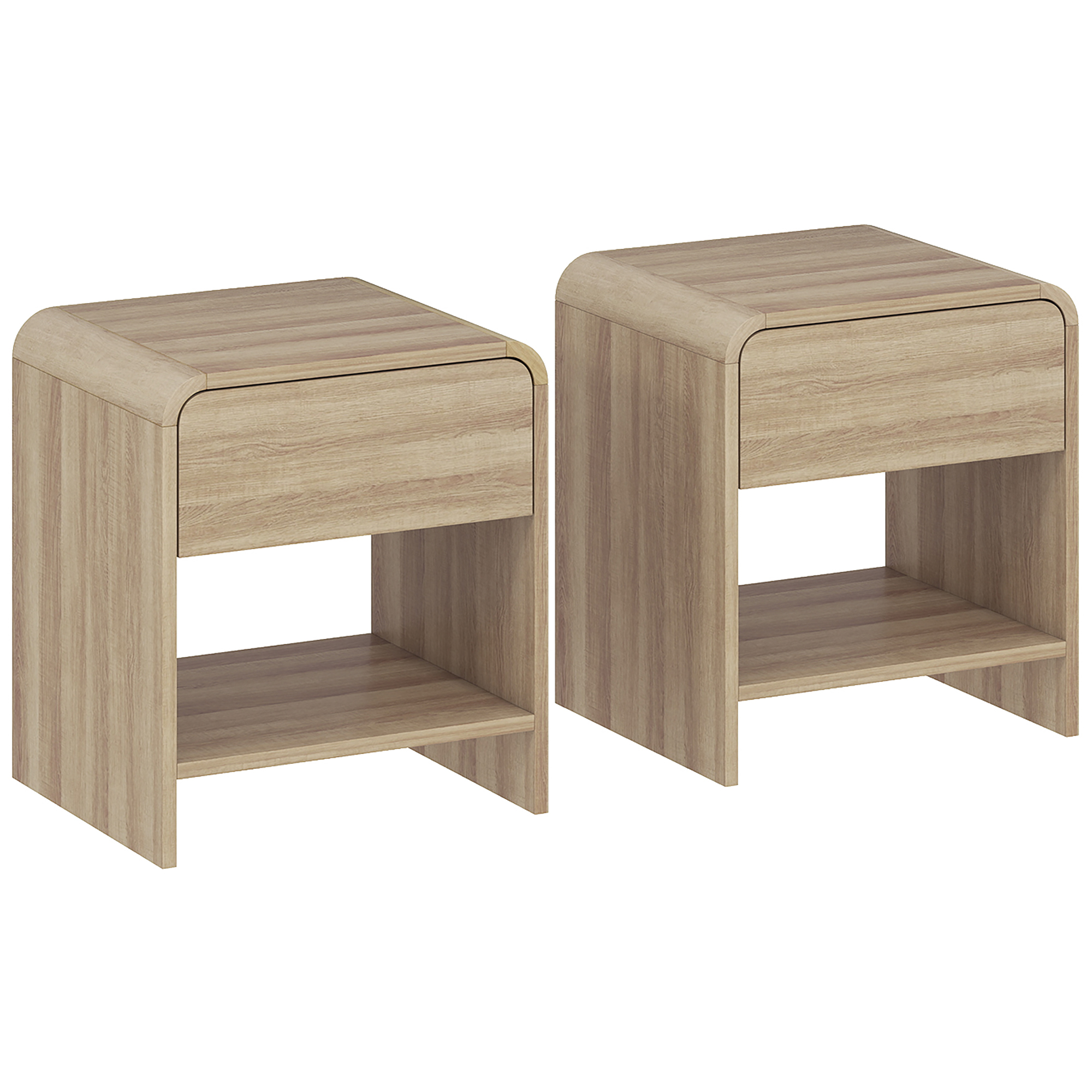 UTTOXETER Set of 2 Bedside Tables with Rounded Corners and Silent Drawers - Natural Wood