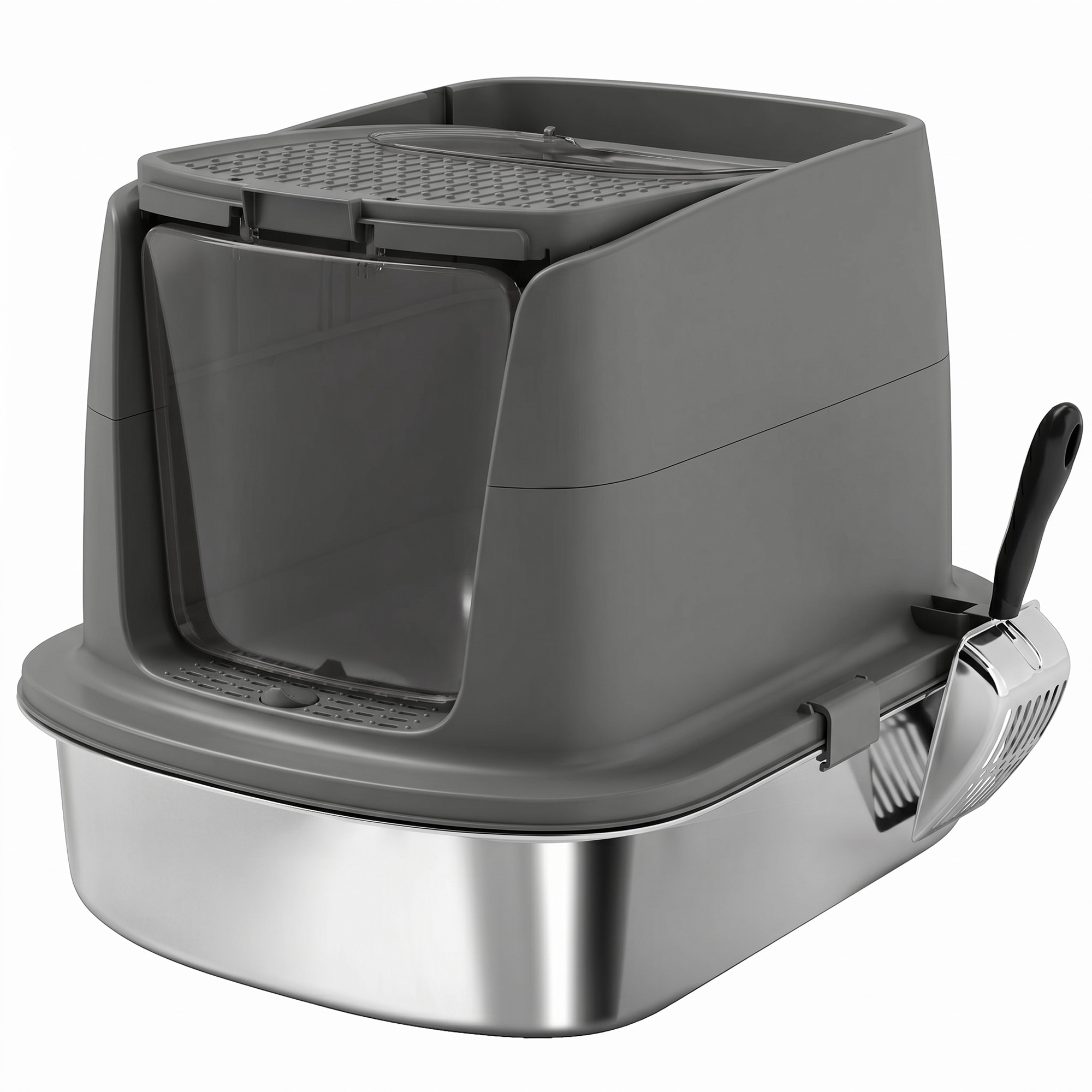 KENLEY Large Stainless Steel Enclosed Cat Litter Box with Scoop, Front Entry and Top Exit - Dark Grey and Black