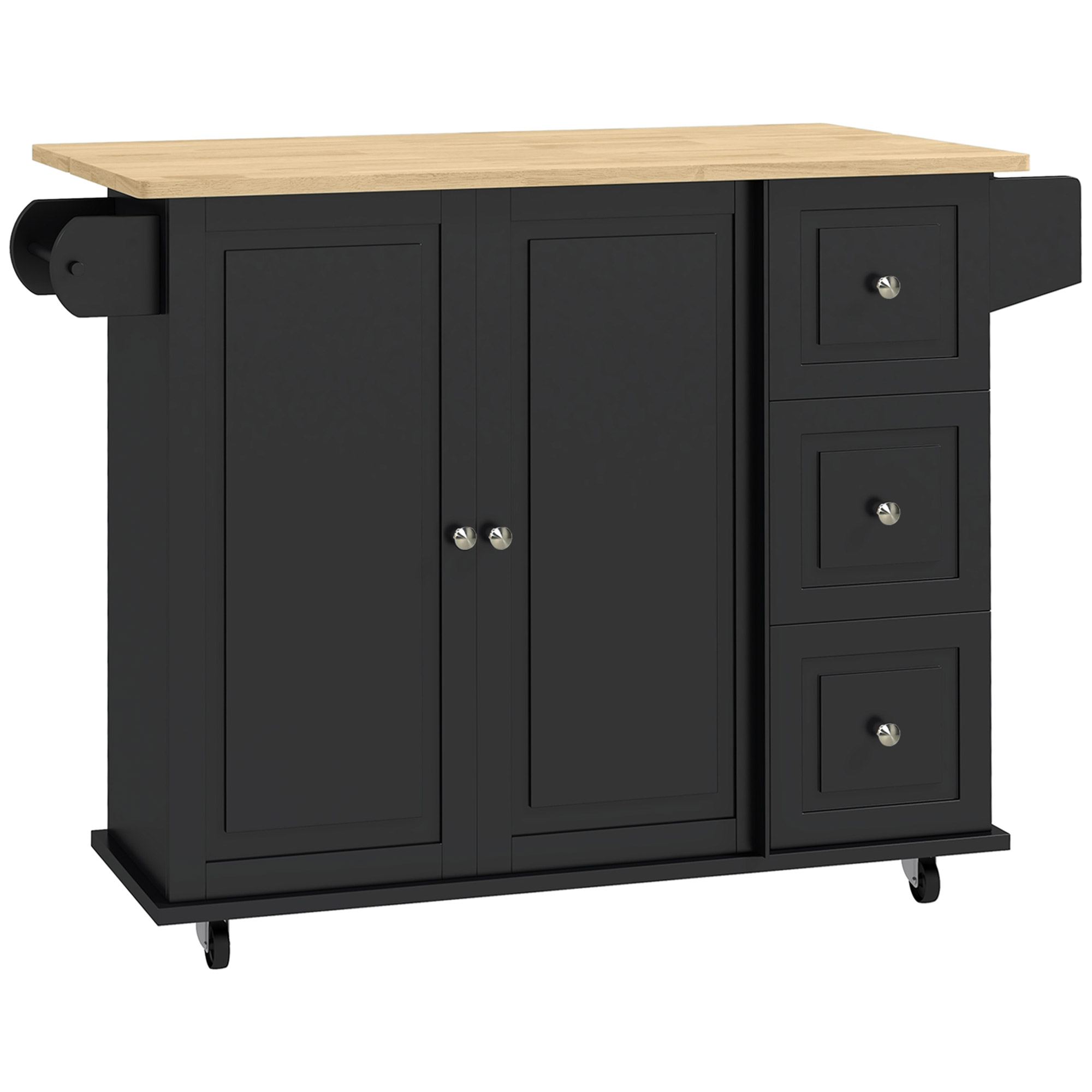 HANBURY Rolling Kitchen Island with Drop Leaf, 3 Drawers and Storage Cabinet - Black and Natural