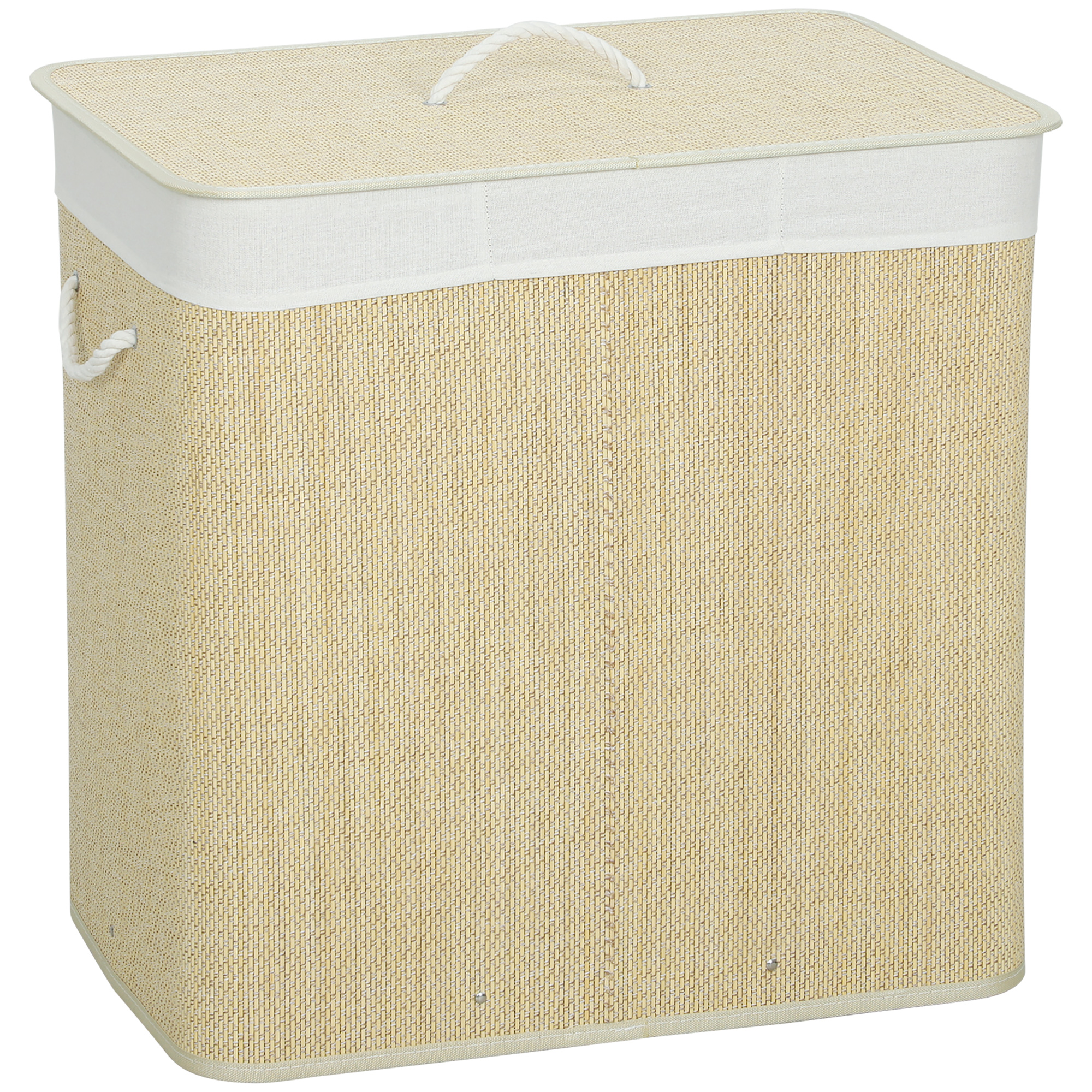 DUNSTER 144L Bamboo Laundry Basket with Lid, 3 Sections, Handles and Washable Liner - Cream White