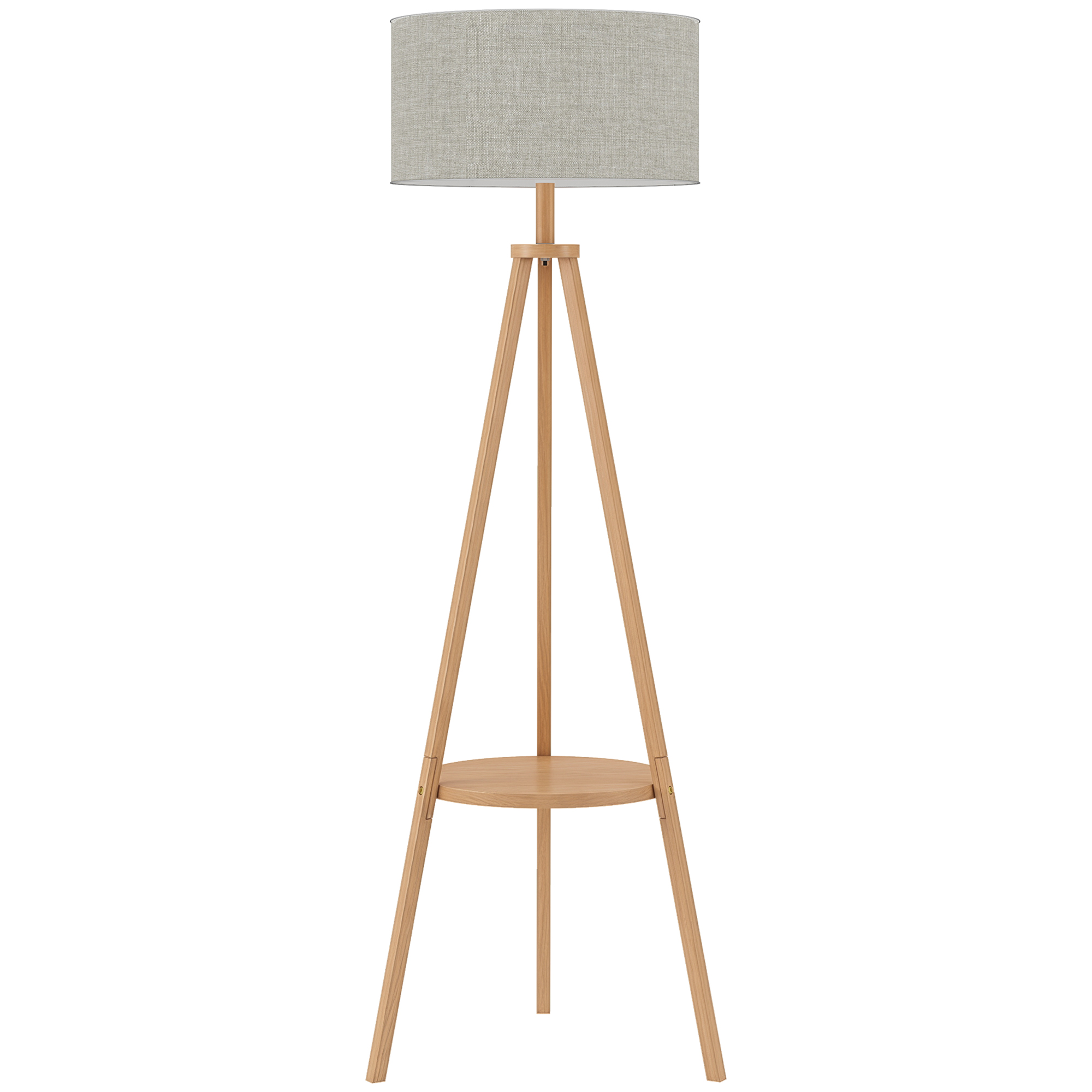 WENDOVER 160 cm Tripod Floor Lamp with Storage Shelf and Linen Shade - Natural Wood Colour